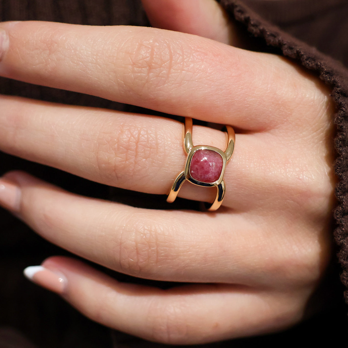 Elia ring square pink rhodonite gold plated