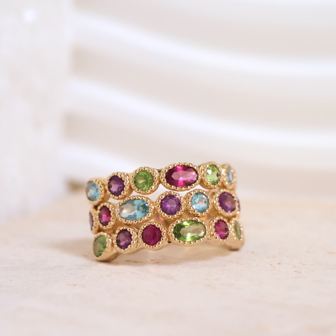 Havana ring wide feston band with multicolored zircons gold plated