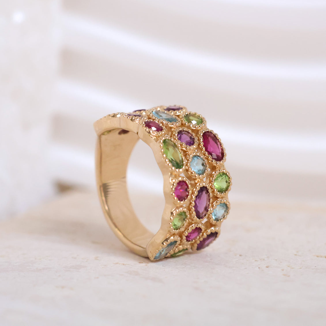 Havana ring wide feston band with multicolored zircons gold plated