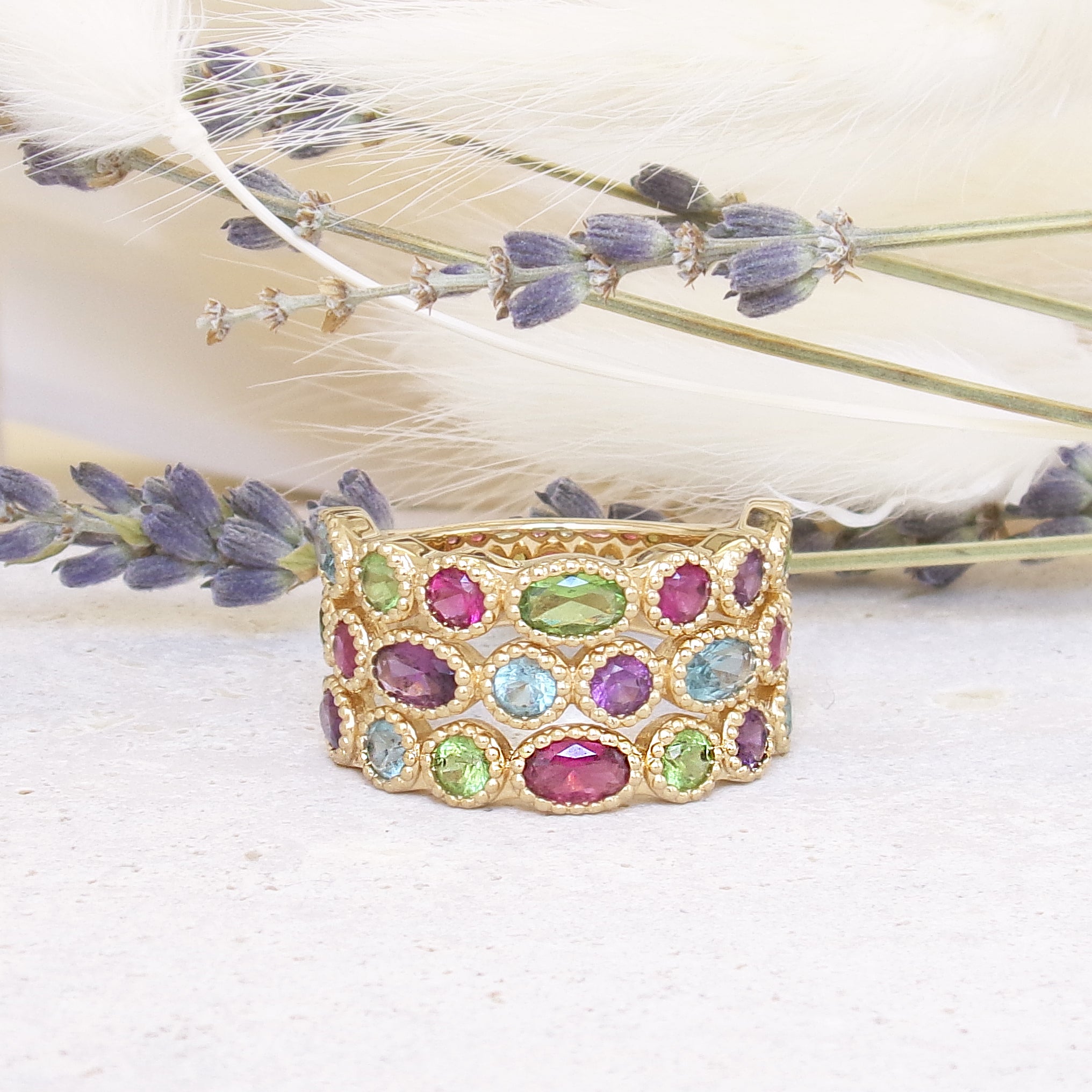 Havana ring wide feston band with multicolored zircons gold plated