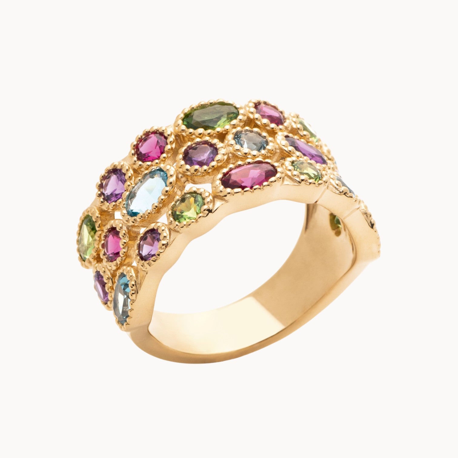 Havana ring wide feston band with multicolored zircons gold plated