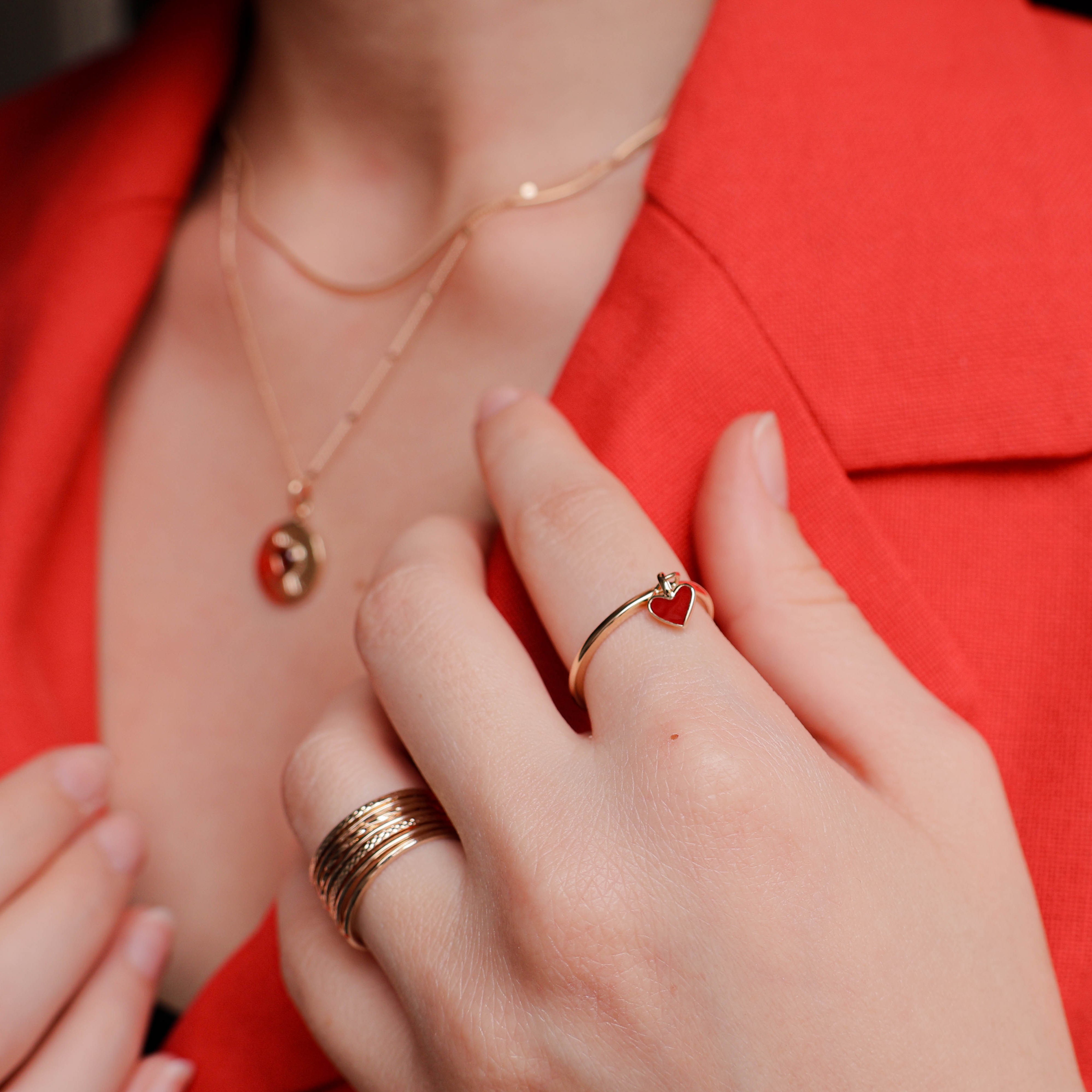 Clea red enamel heart ring gold plated