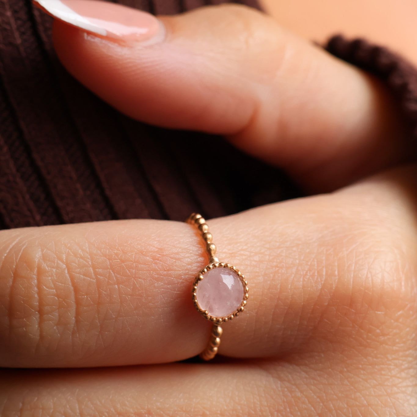 Lomita beaded ring rose Quartz gold plated