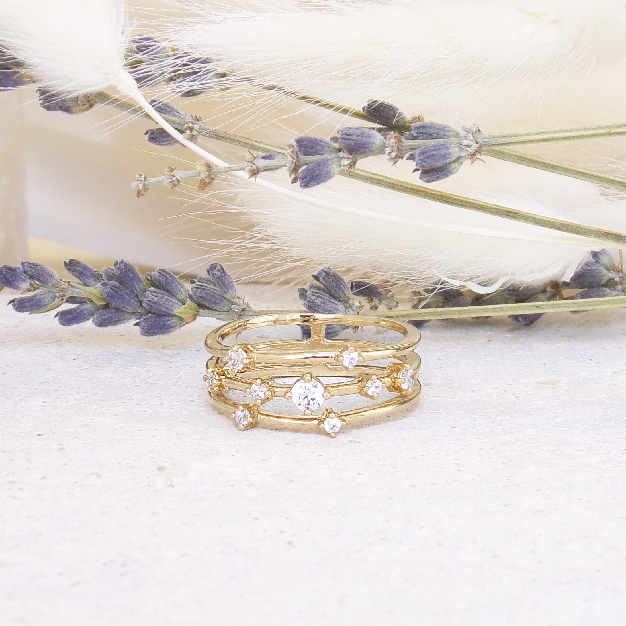 Sadao three row ring with zircons gold plated