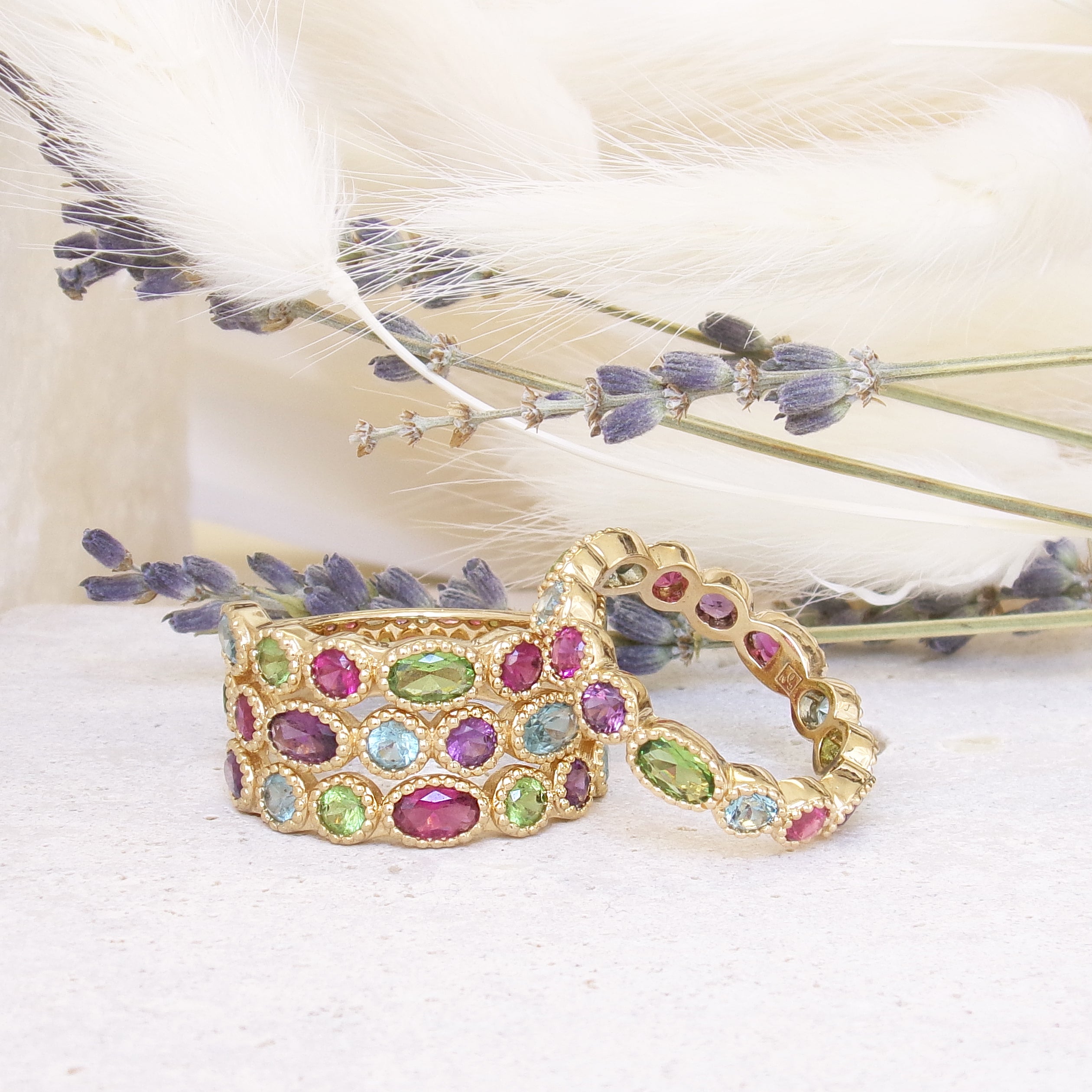 Havana ring wide feston band with multicolored zircons gold plated