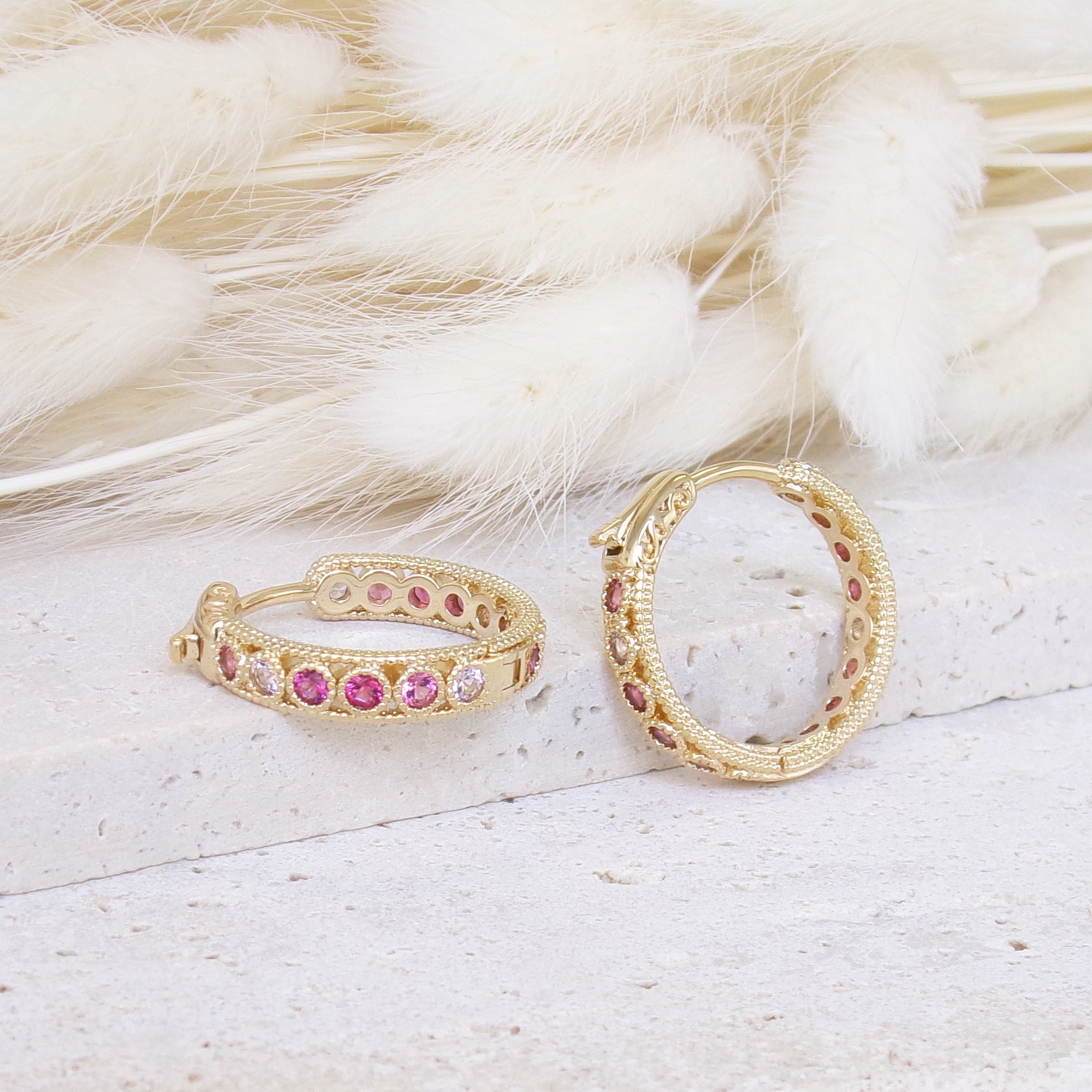 Riva hoop earrings 19mm pink zircons gold-plated