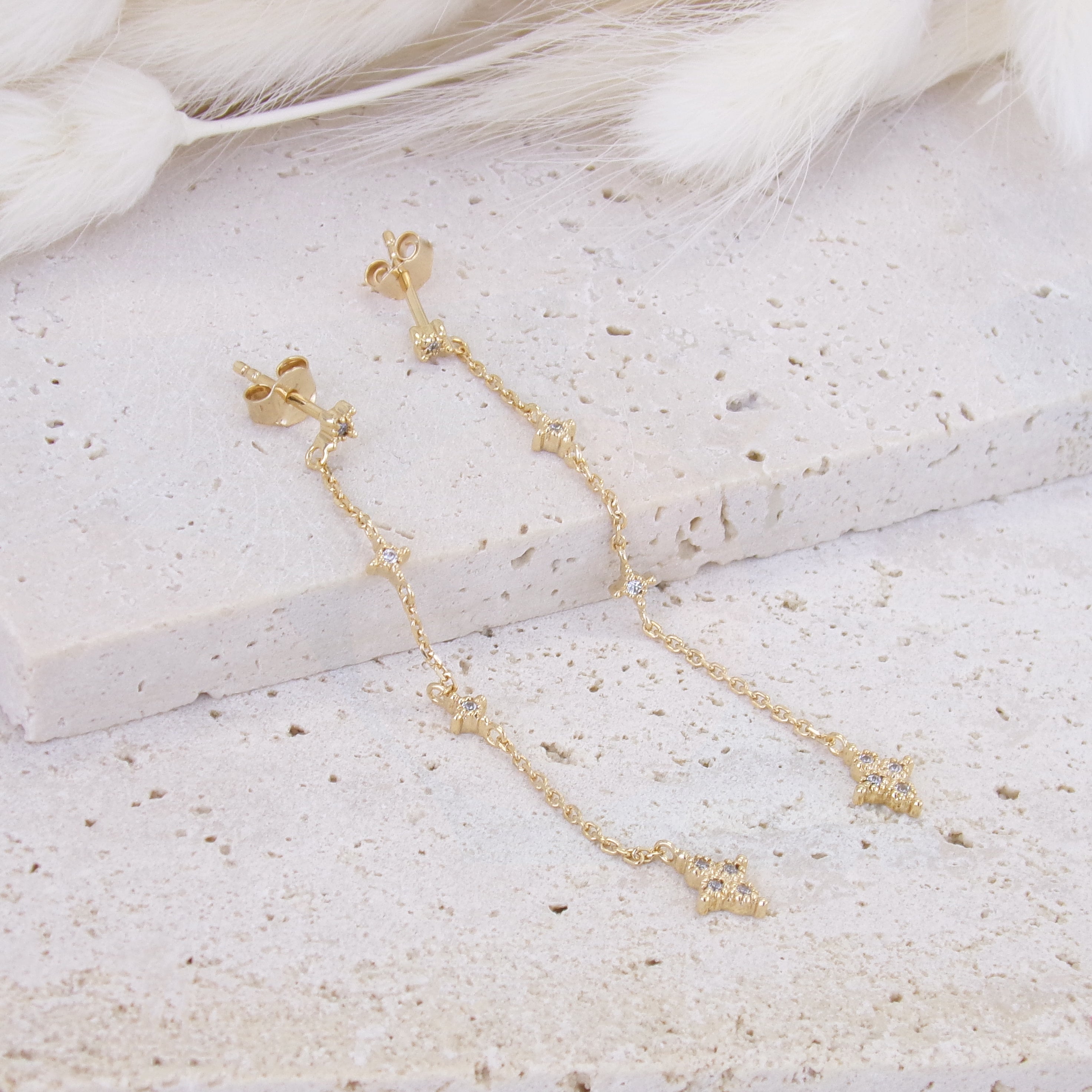 Java earrings with chains stars and zircons gold-plated