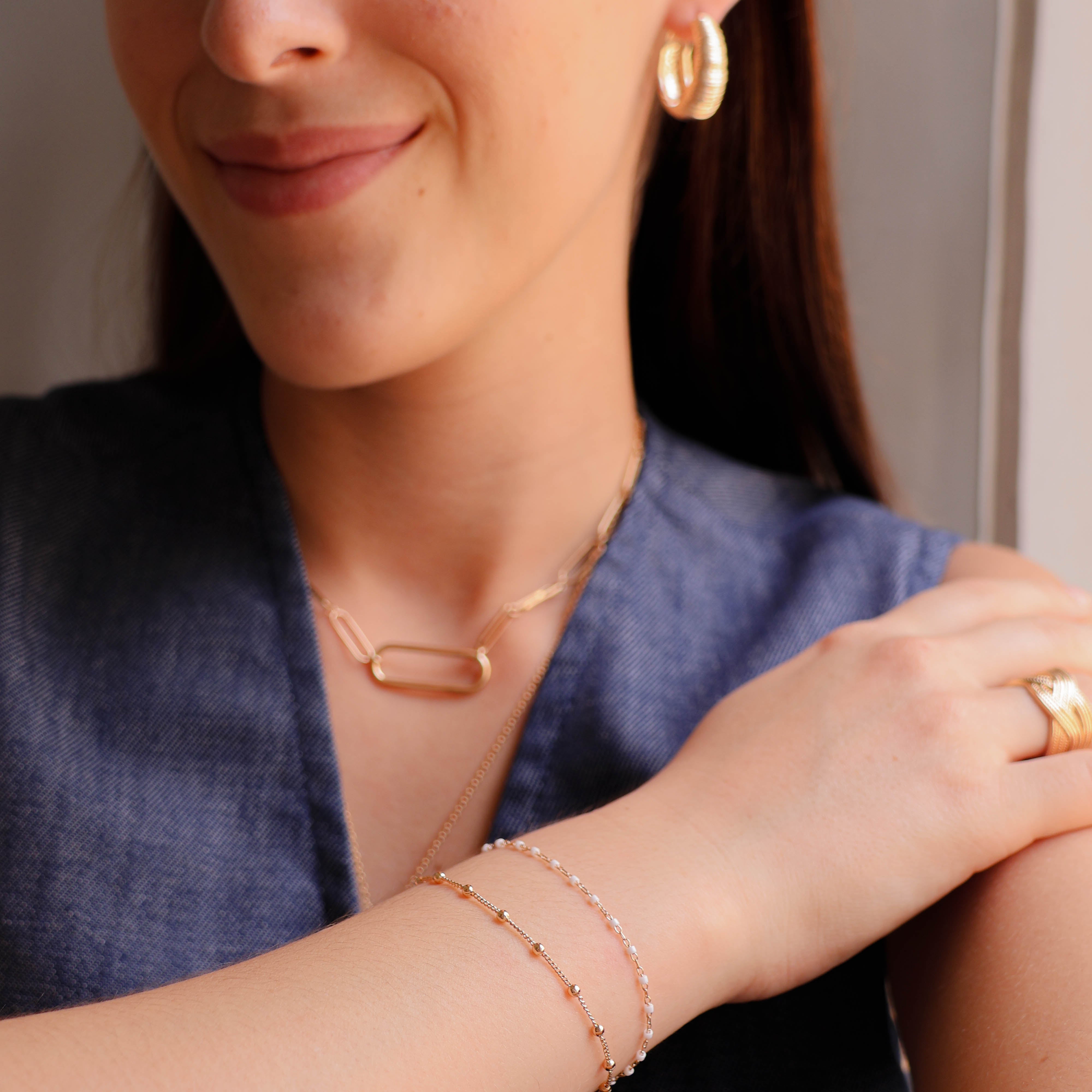 Bracelet Amaya 18cm perles Miyuki blanches plaqué or