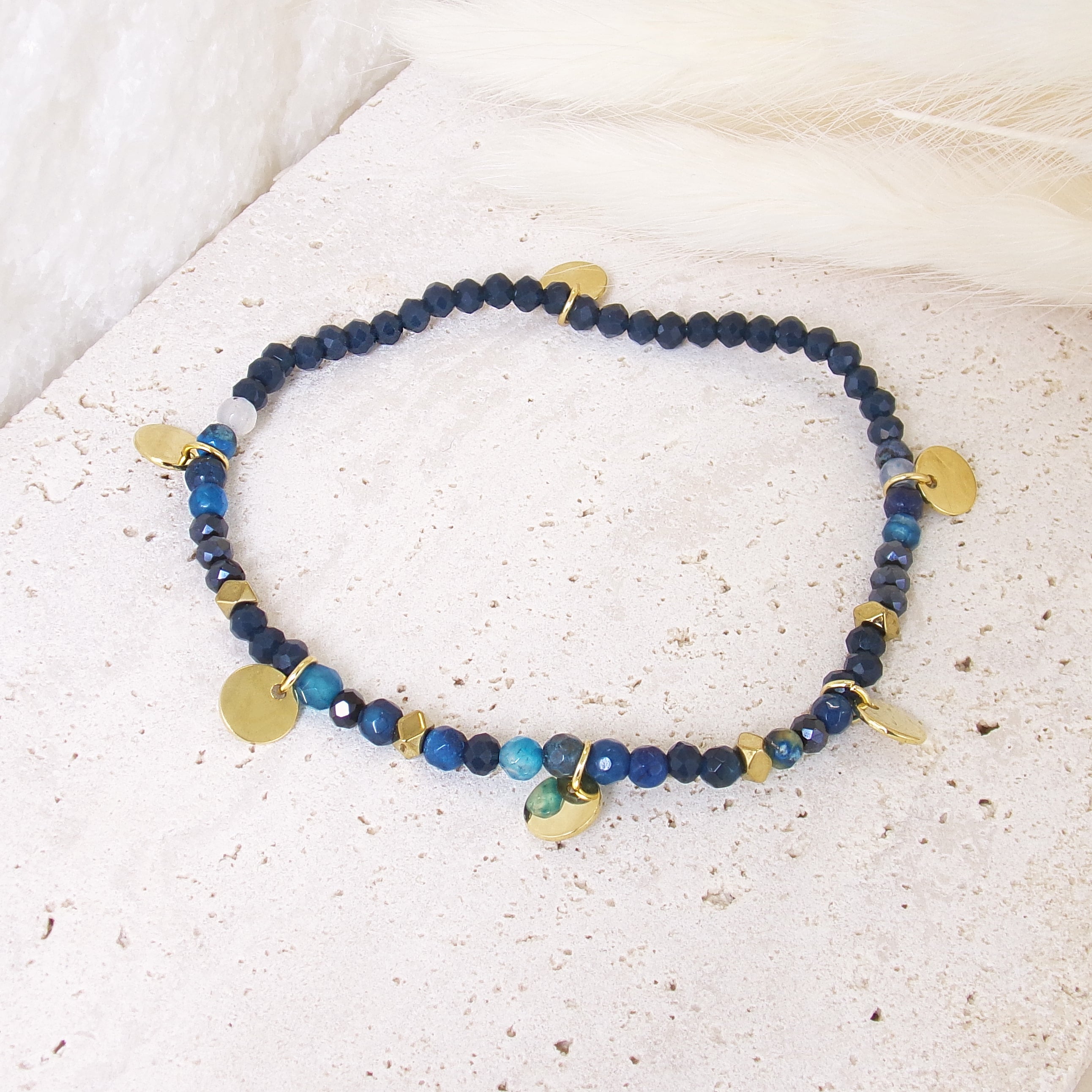 Hanae bracelet blue lapis lazuli golden round tassels stainless steel