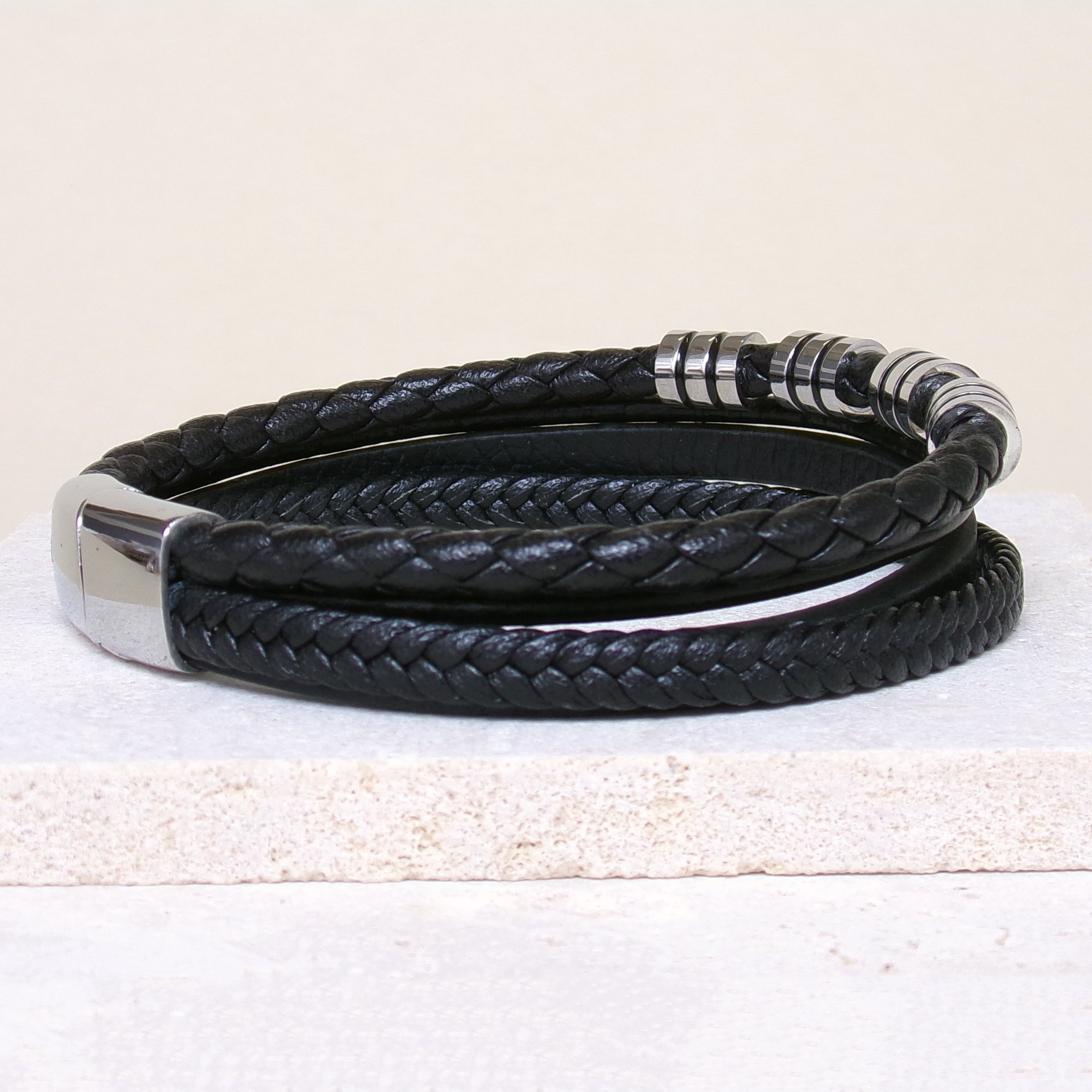 Lucas Bracelet 21cm four rows black leather and beads stainless steel