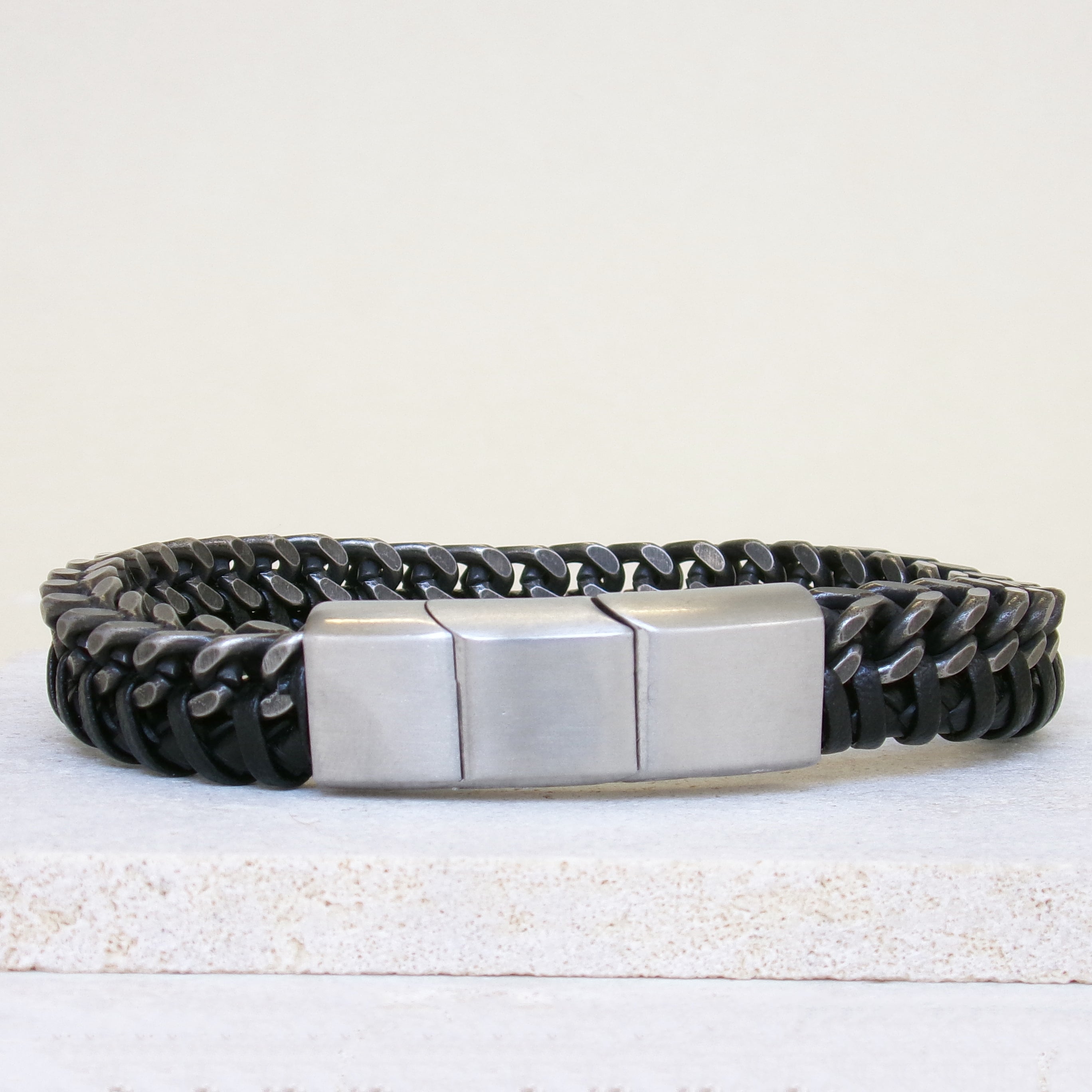 Johnny Titanium black leather bracelet stainless steel