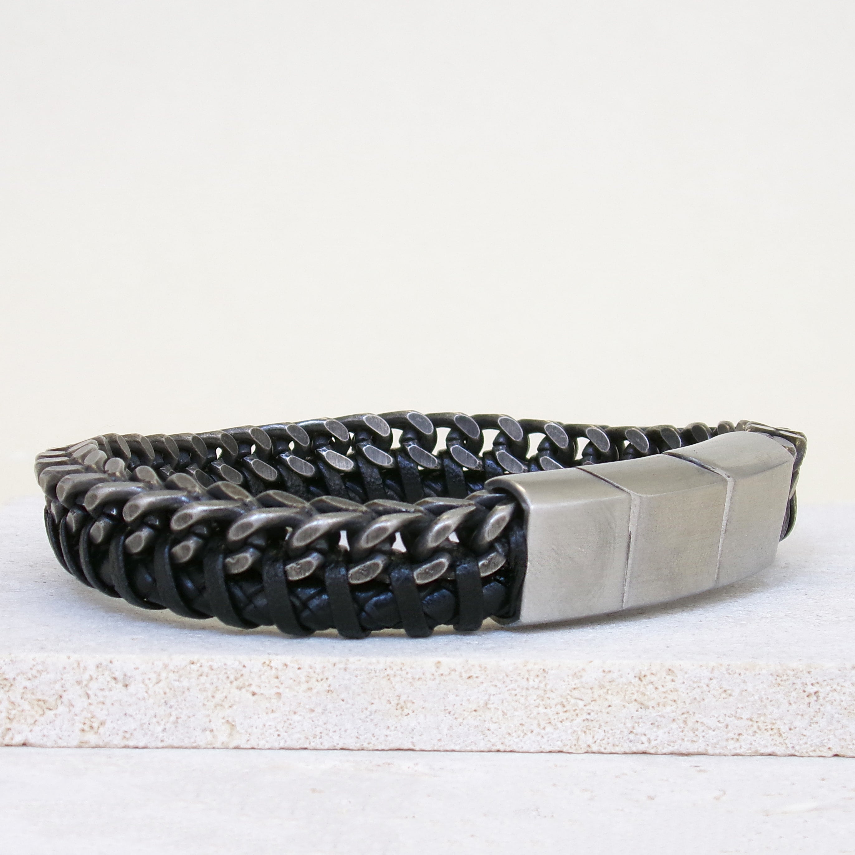 Johnny Titanium black leather bracelet stainless steel