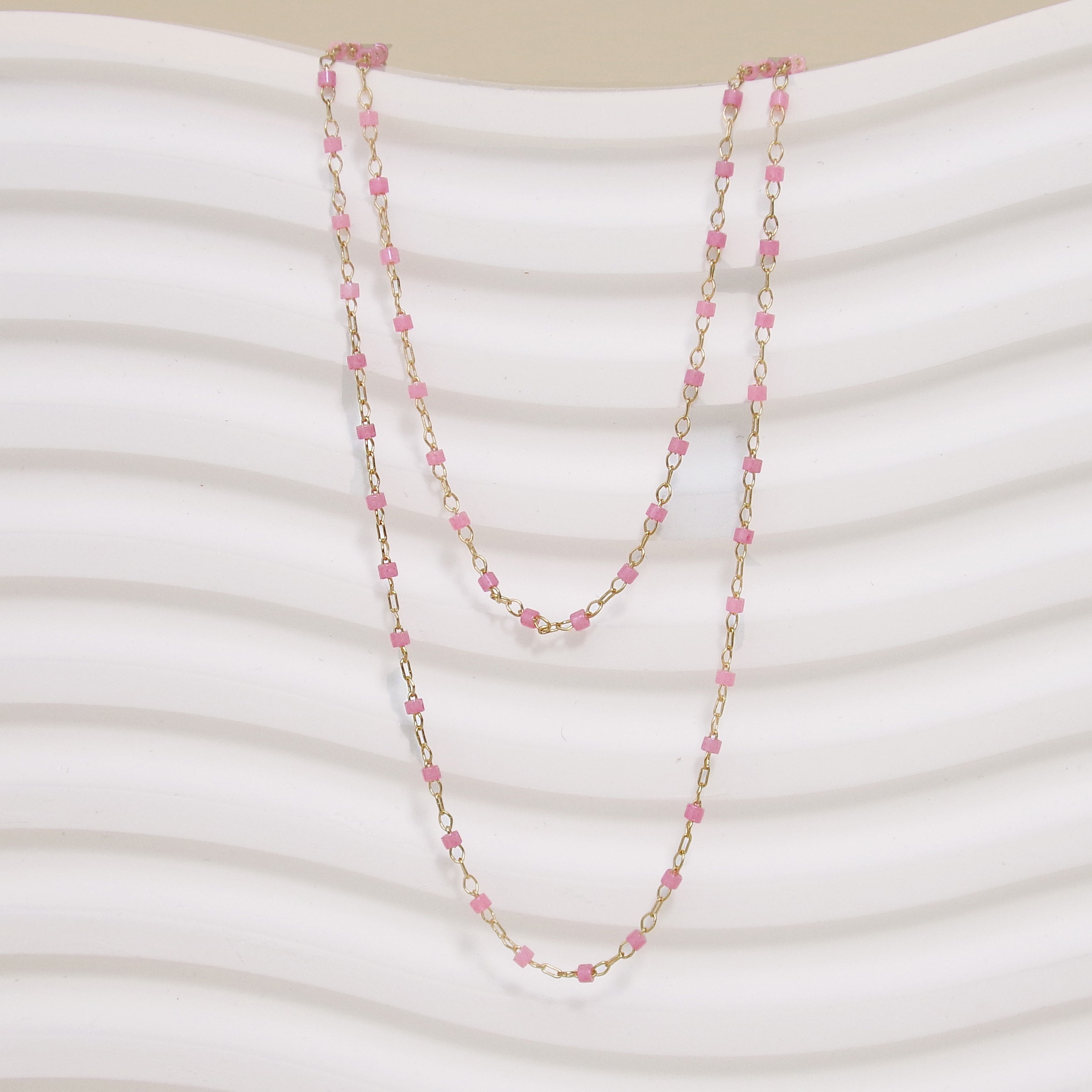 Amaya long necklace cable mesh pink Miyuki beads 135cm gold plated