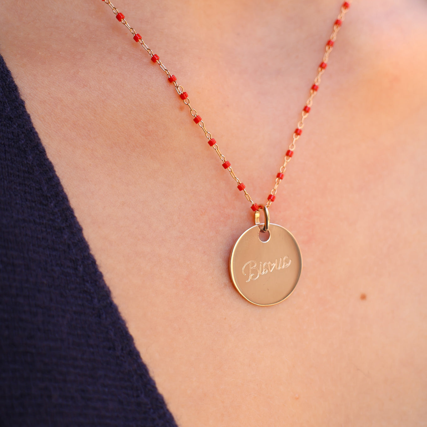 Sora red necklace with 19mm medal to engrave gold-plated