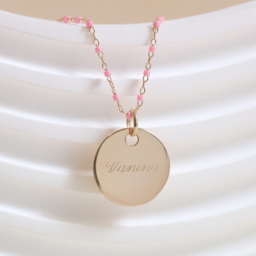Sora pink necklace with 19mm medal to engrave gold-plated
