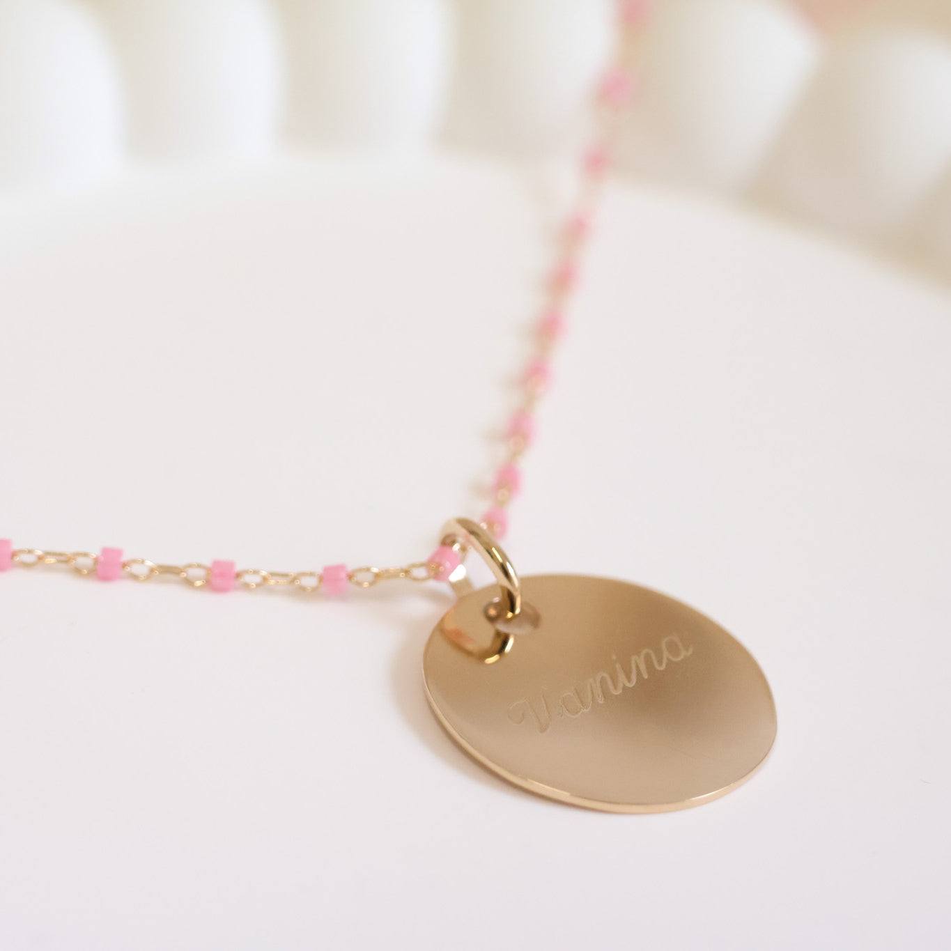 Sora pink necklace with 19mm medal to engrave gold-plated