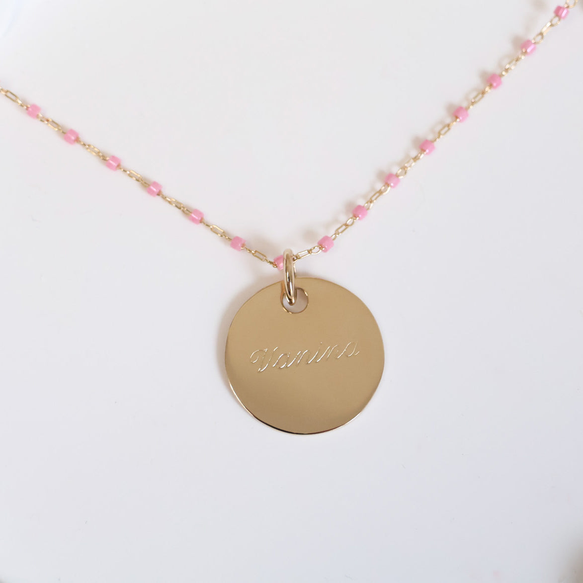 Sora pink necklace with 19mm medal to engrave gold-plated