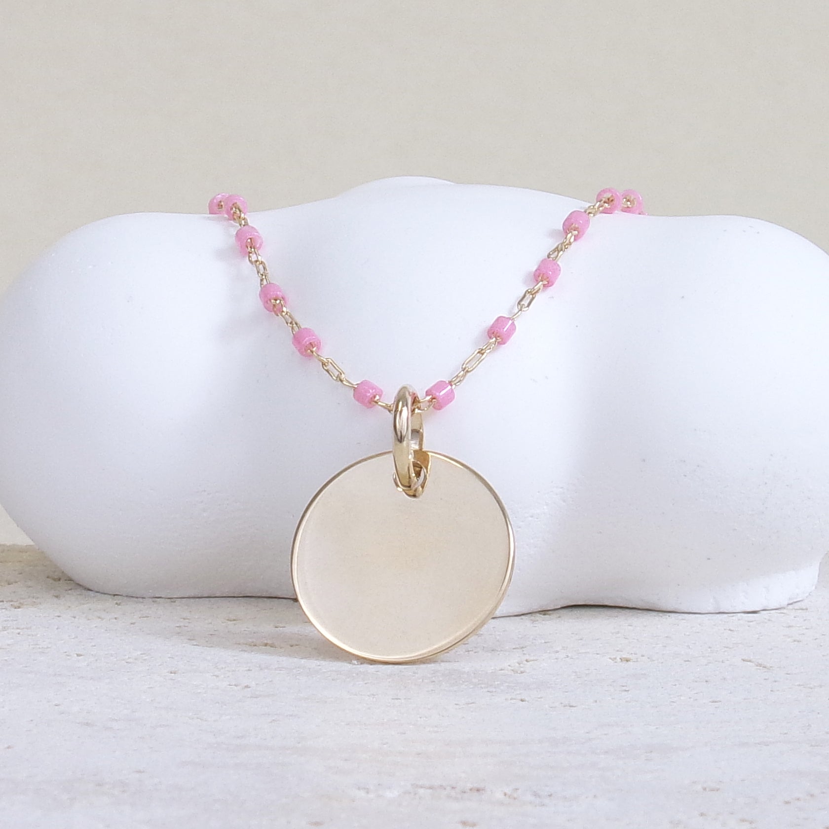 Sora pink necklace and 15mm medal to engrave gold-plated