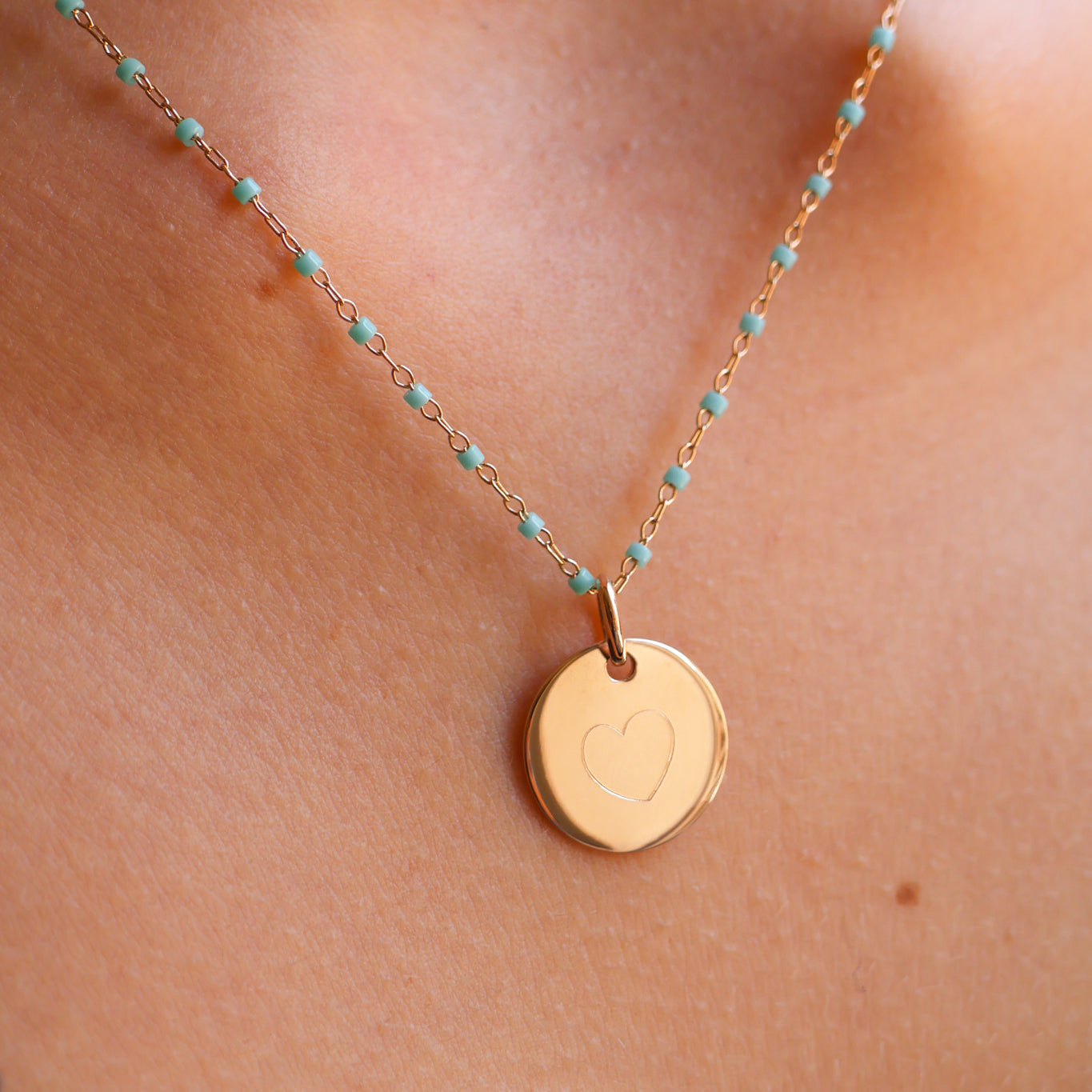 Sora green necklace and 15mm medal to engrave gold-plated