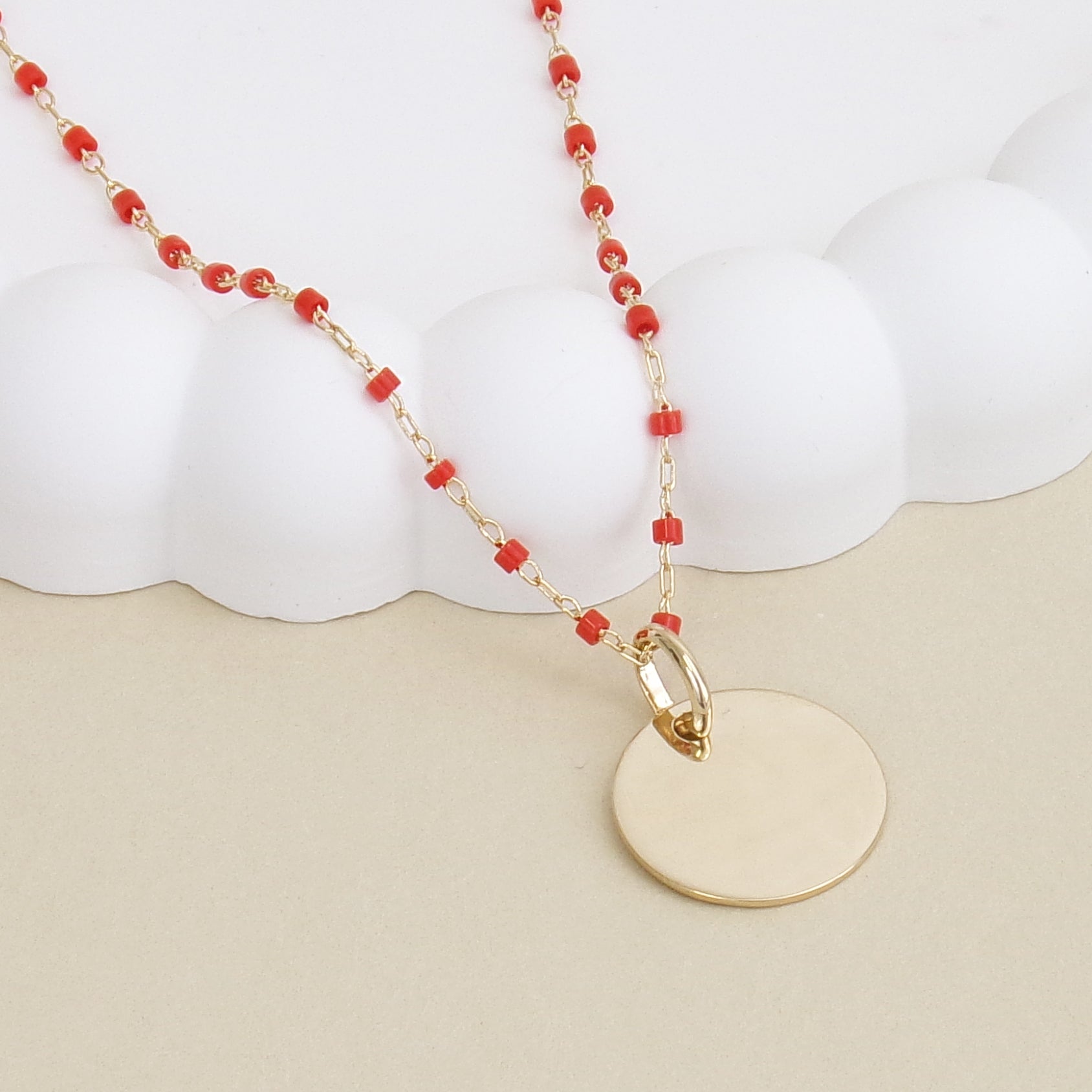 Sora red necklace with 15mm medal to engrave gold-plated