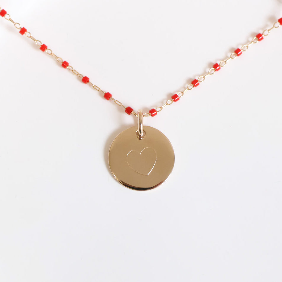 Sora red necklace with 15mm medal to engrave gold-plated