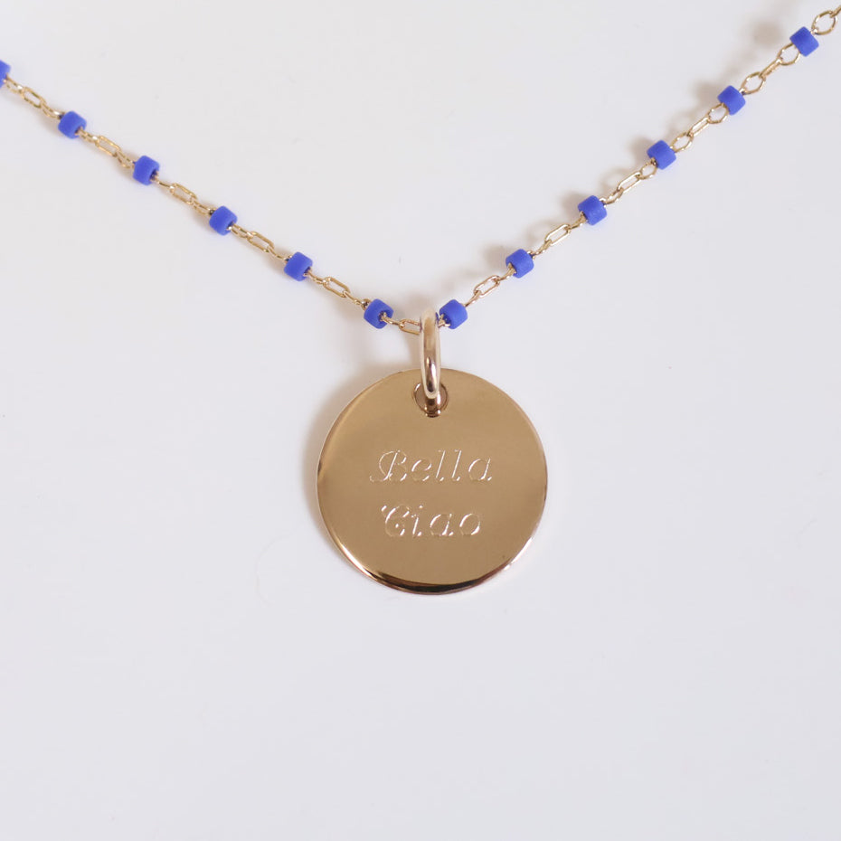 Sora blue necklace and 15mm medal to engrave gold-plated