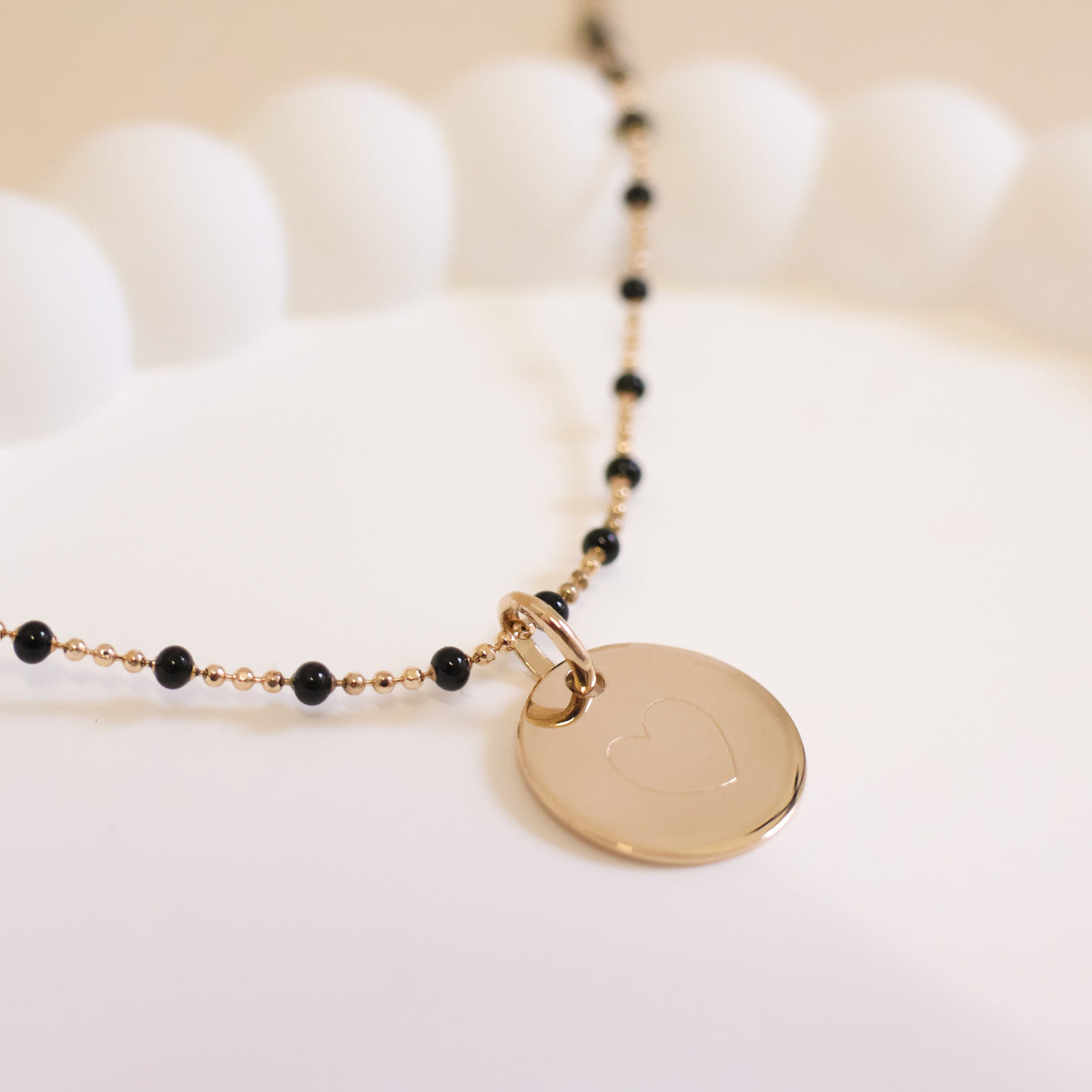 Colorful black bead necklace and 15mm gold-plated medal to engrave