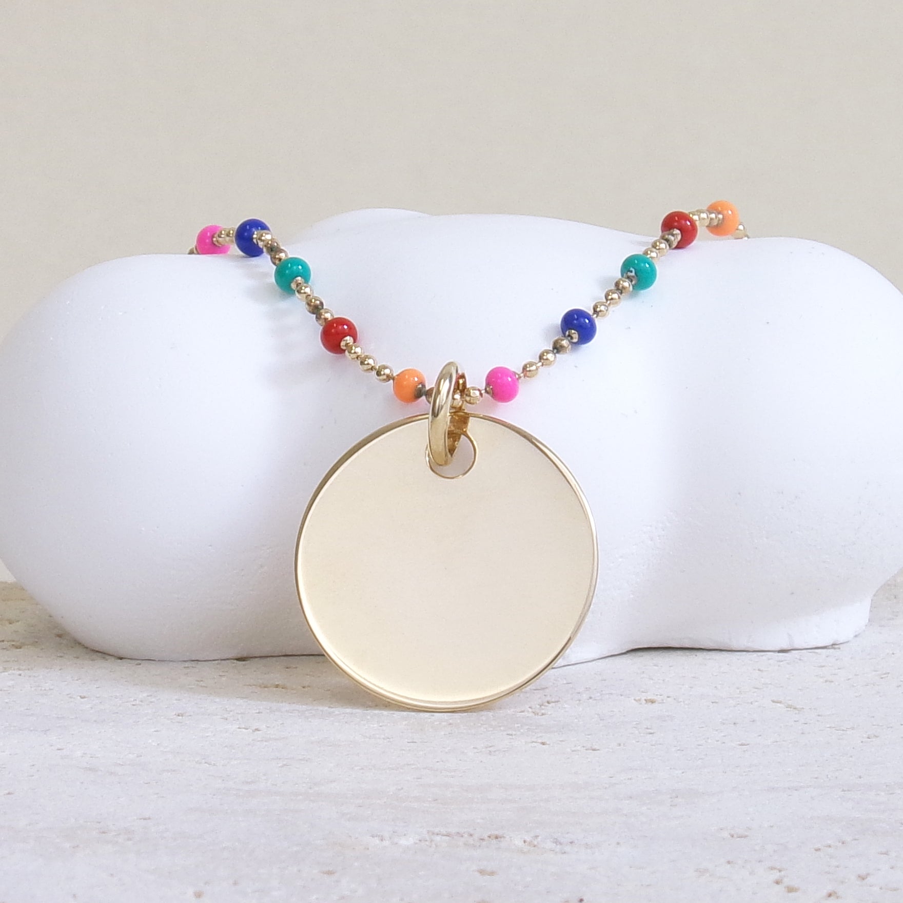 Lily-Rose multicolored beaded necklace and 19mm medal to engrave gold-plated