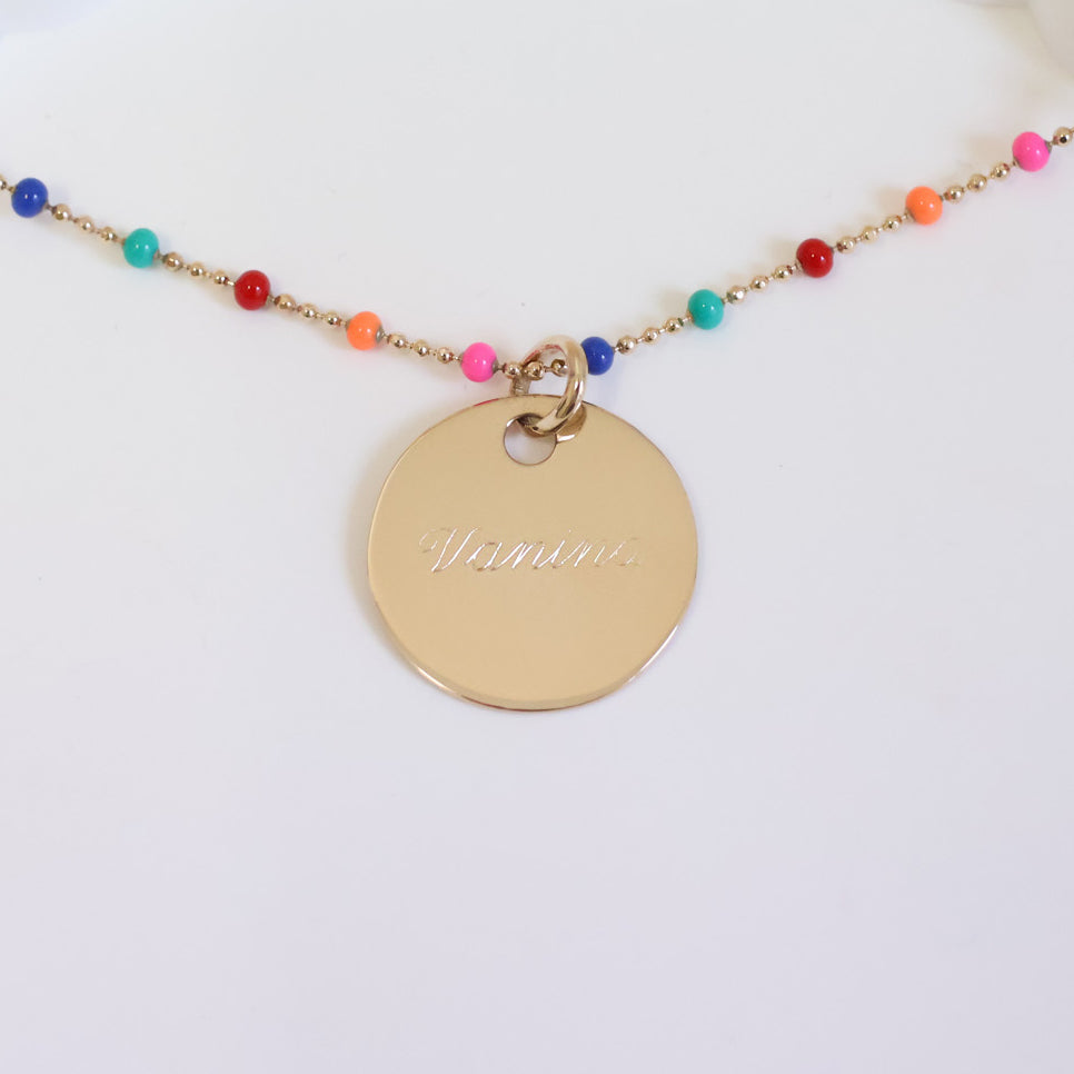 Lily-Rose multicolored beaded necklace and 19mm medal to engrave gold-plated