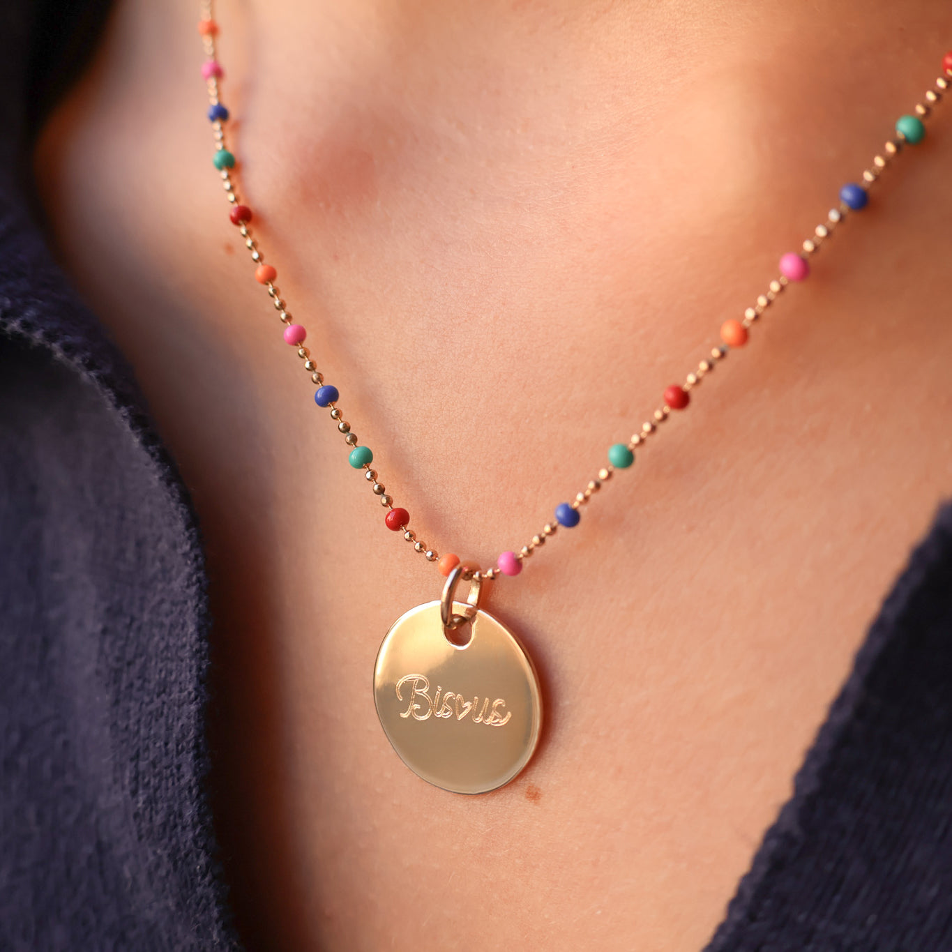 Lily-Rose multicolored beaded necklace and 19mm medal to engrave gold-plated