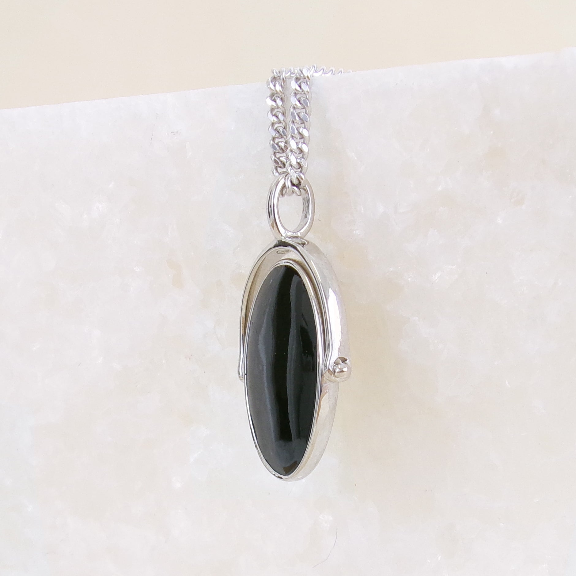 Oval black enamel silver Althea pendant to engrave