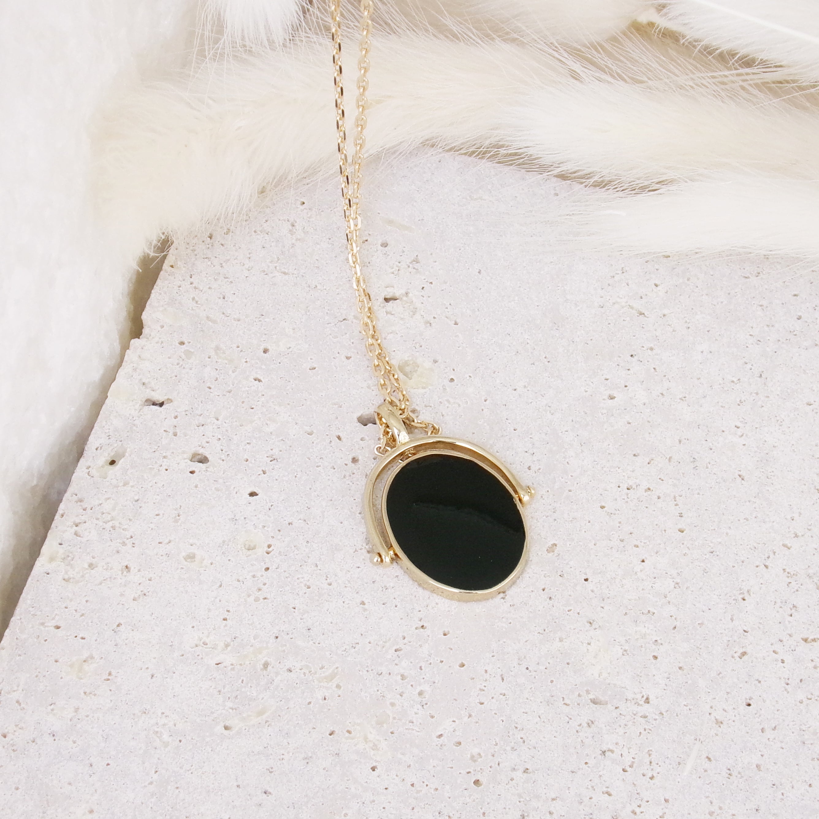 Gold-plated black enamel oval Althea pendant to engrave
