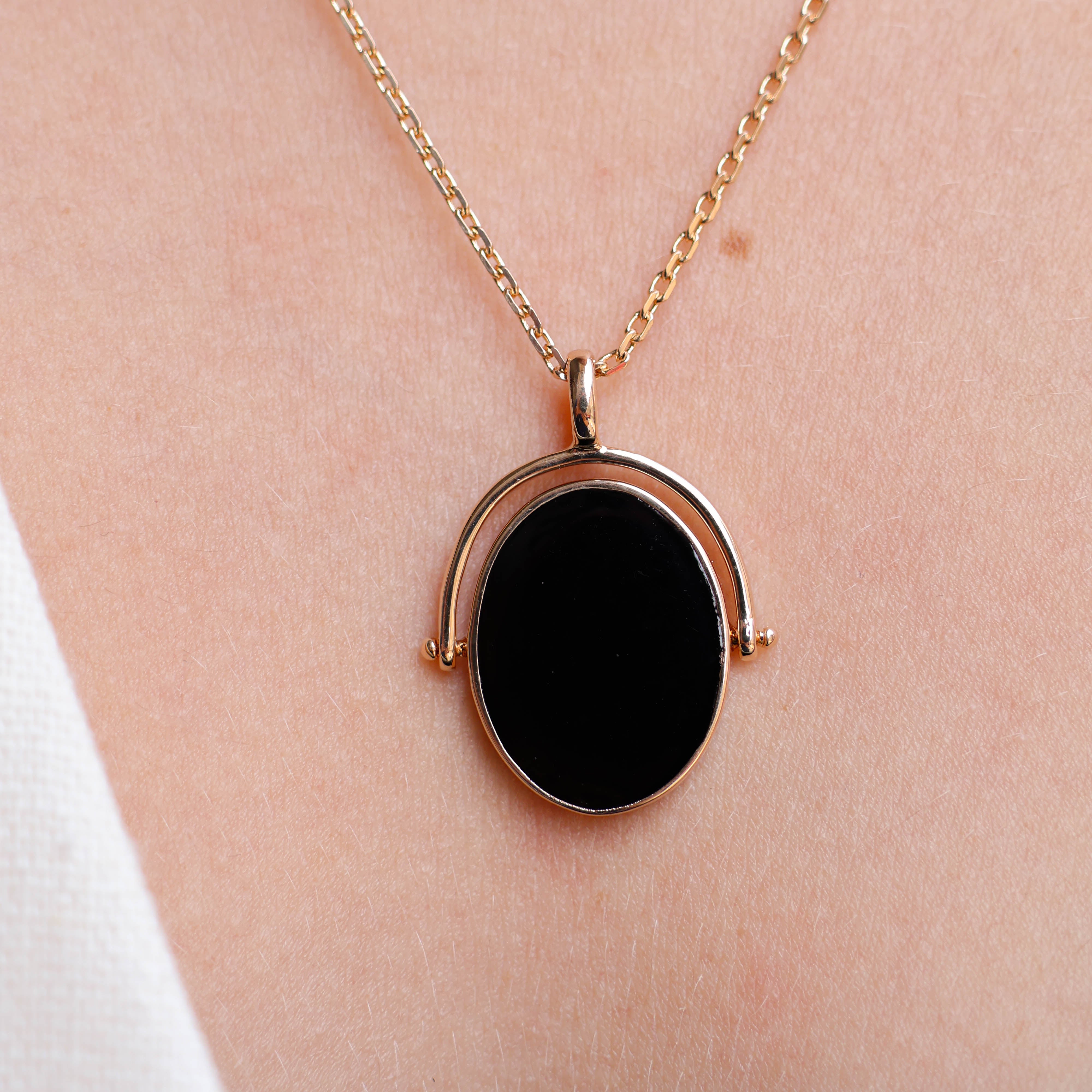 Gold-plated black enamel oval Althea pendant to engrave