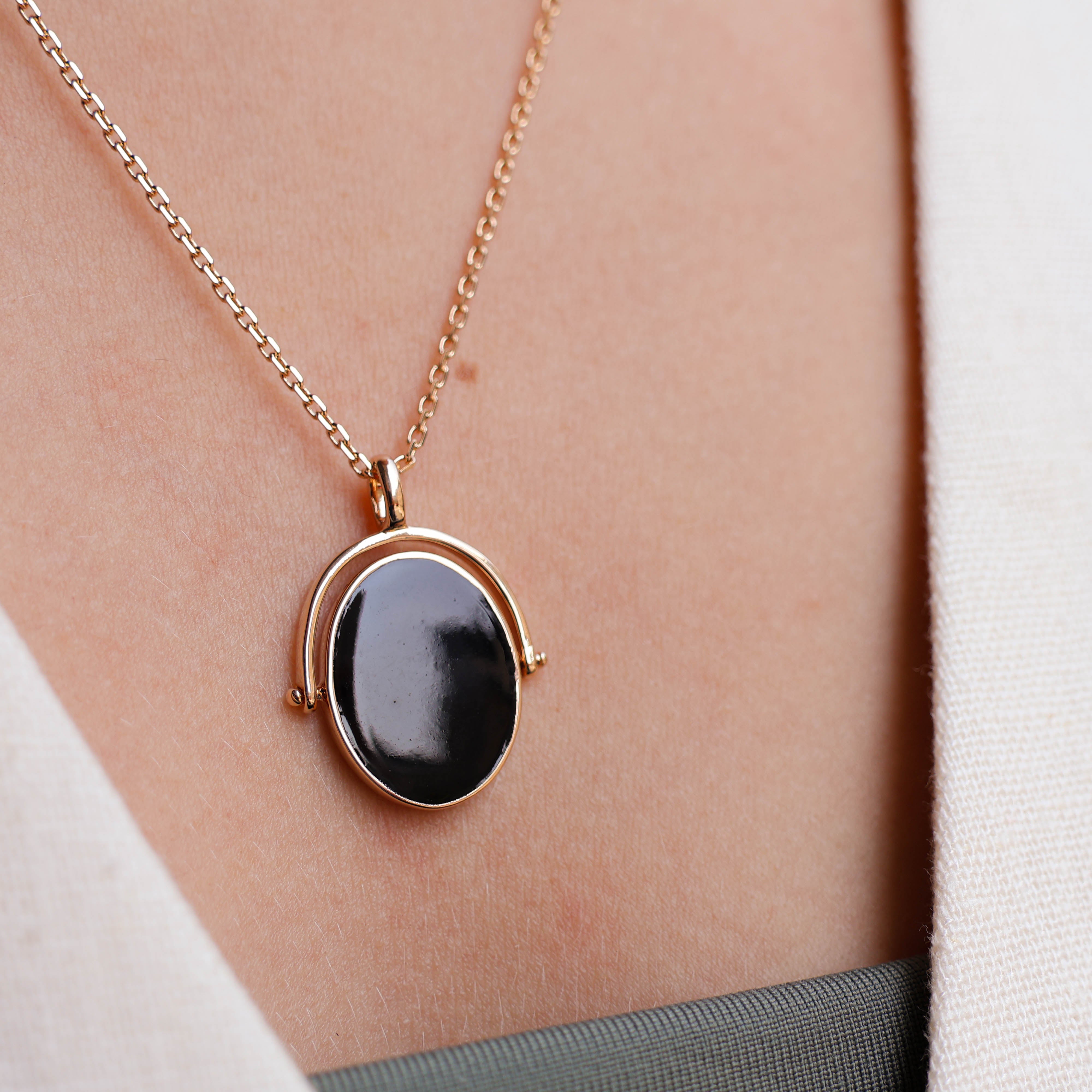 Gold-plated black enamel oval Althea pendant to engrave