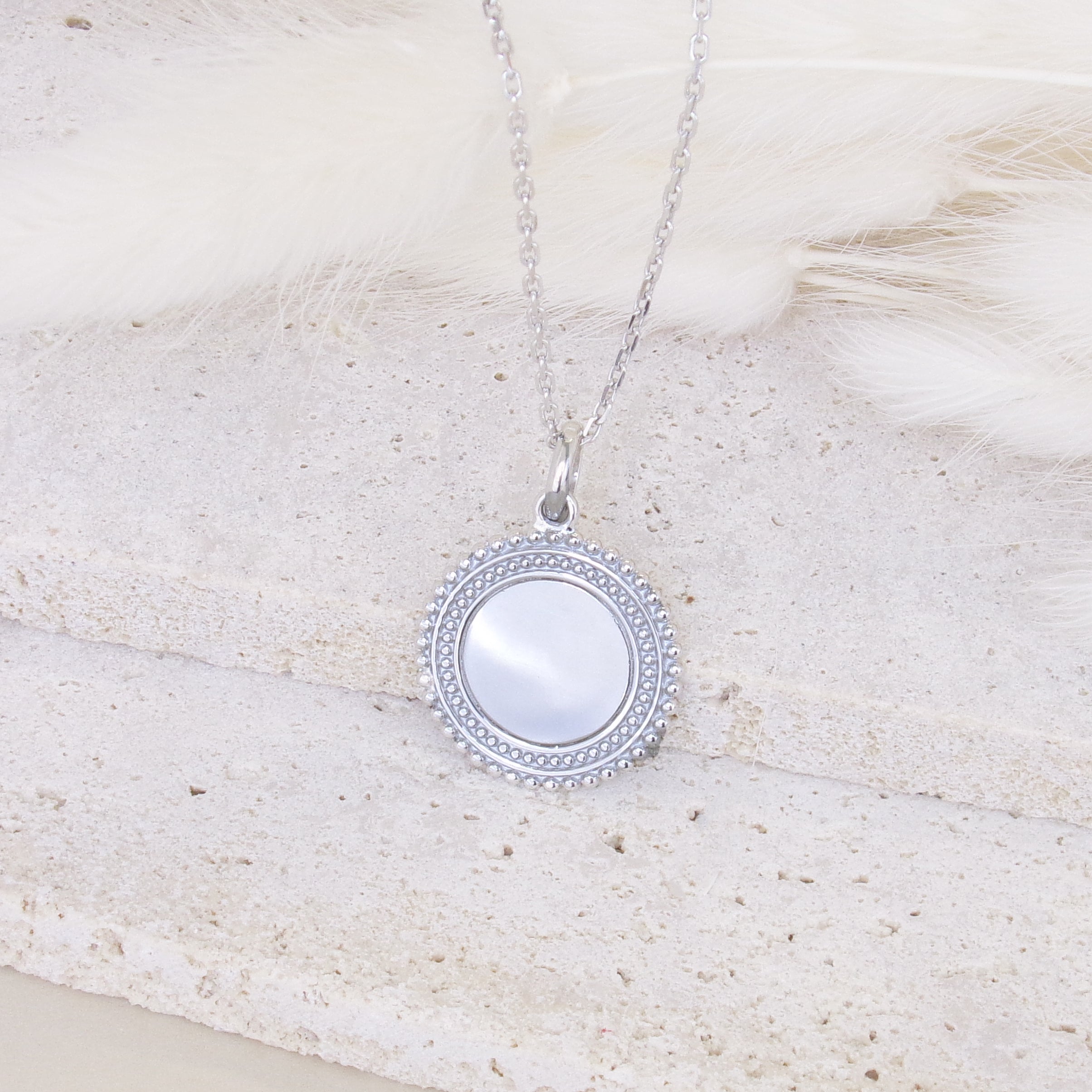 Double edge beaded medallion pendant 18mm silver to engrave