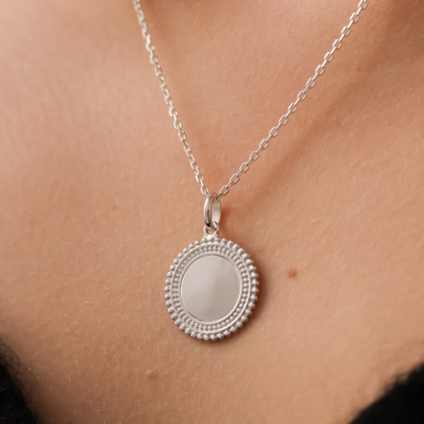 Double edge beaded medallion pendant 18mm silver to engrave