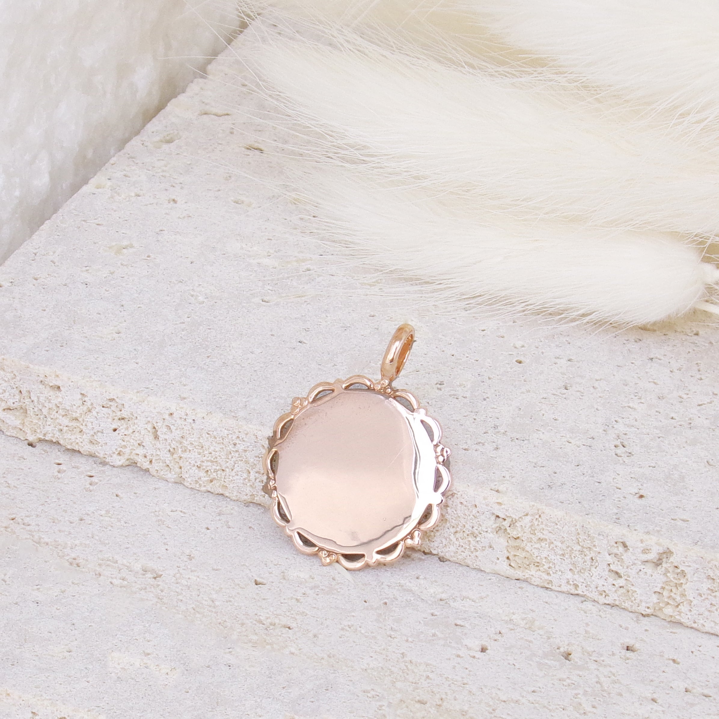 17mm rose gold plated lace medal pendant to engrave