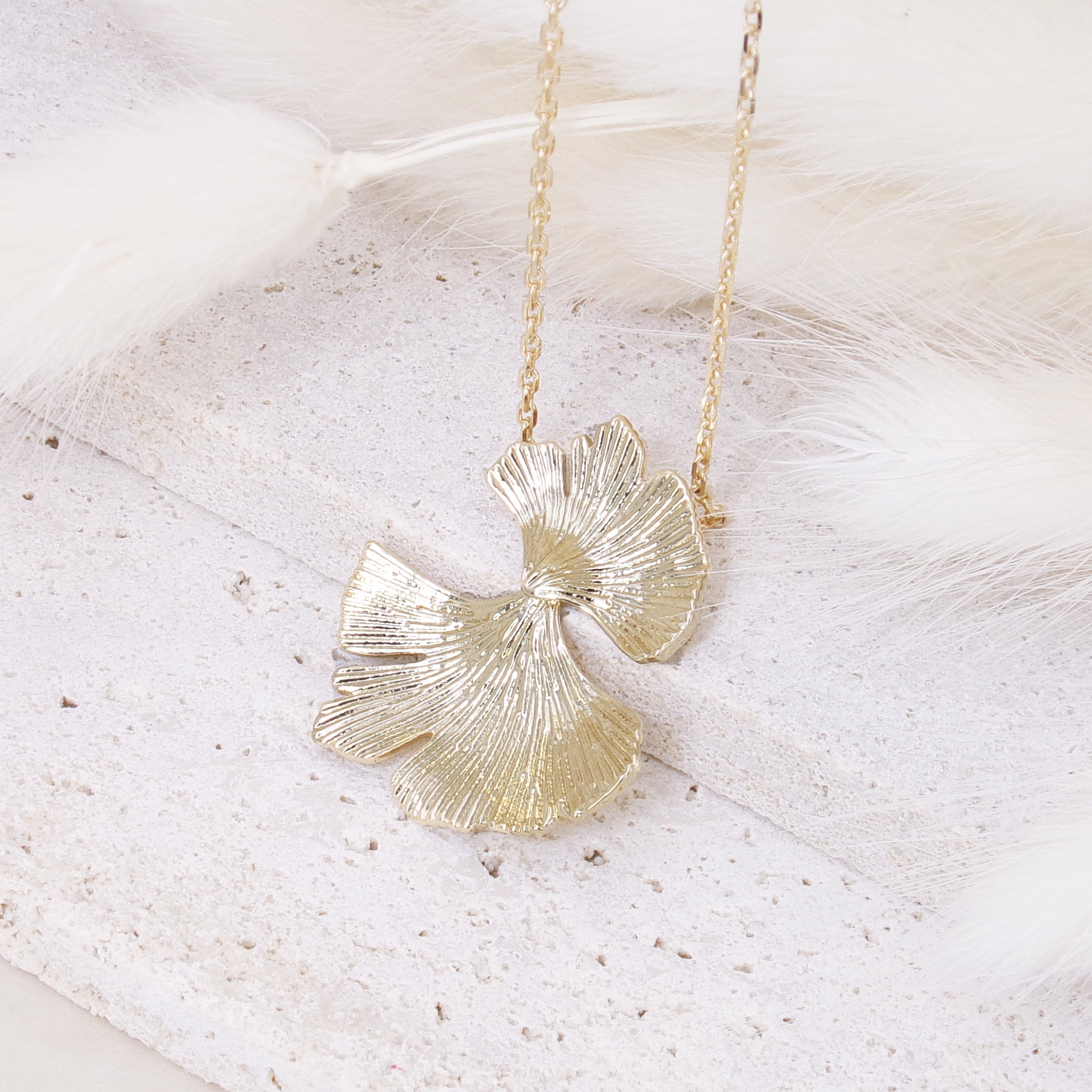 Gold-plated striated gingko leaf pendant