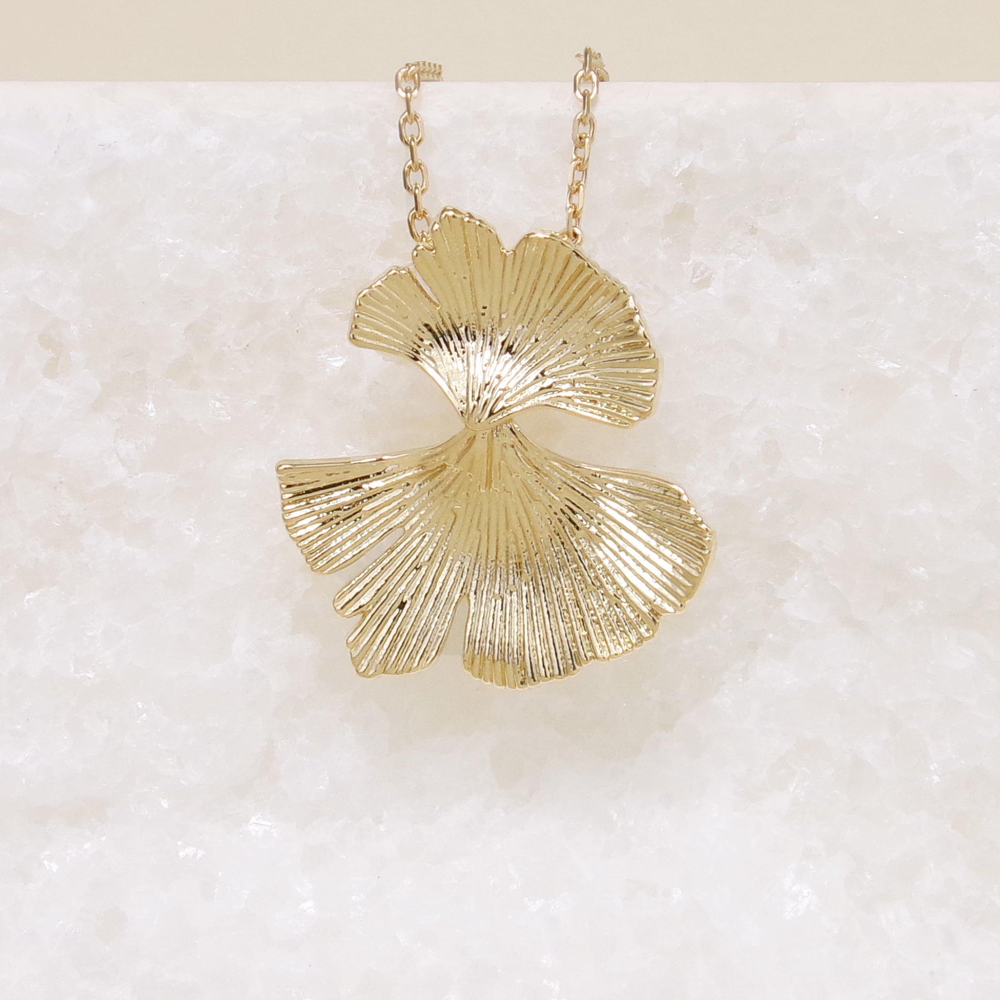 Gold-plated striated gingko leaf pendant