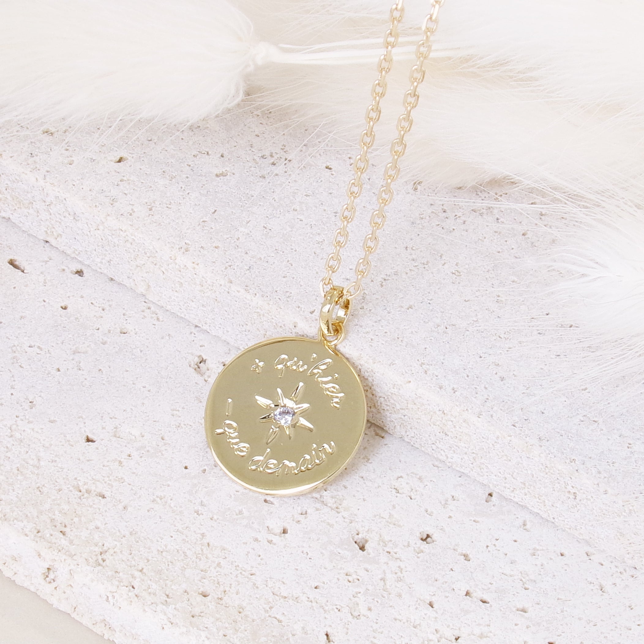 Message pendant more than yesterday less than tomorrow gold plated