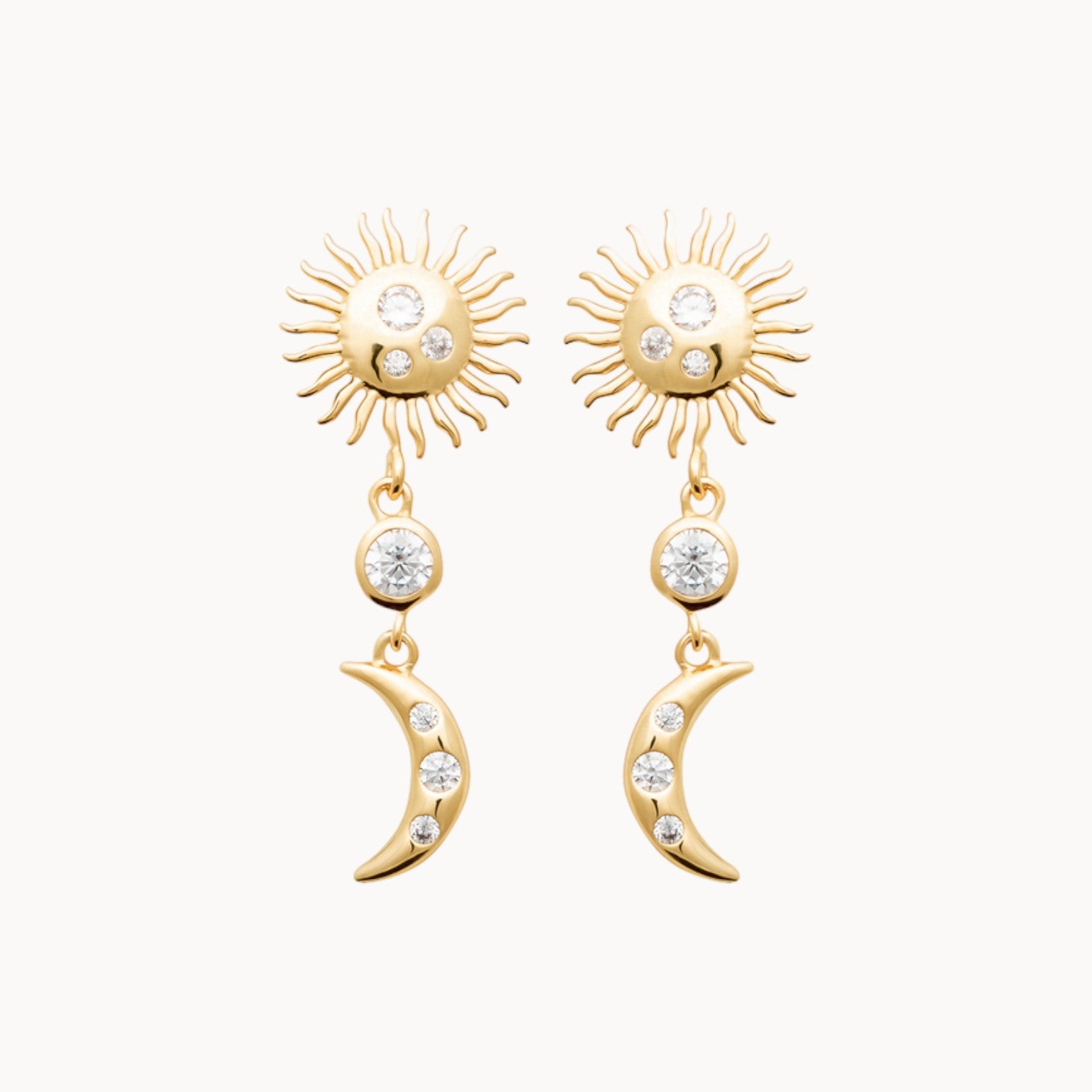 Boucles d'oreilles pendantes soleil et demi lune avec oxydes de zyrconium en plaqué or 18 carats