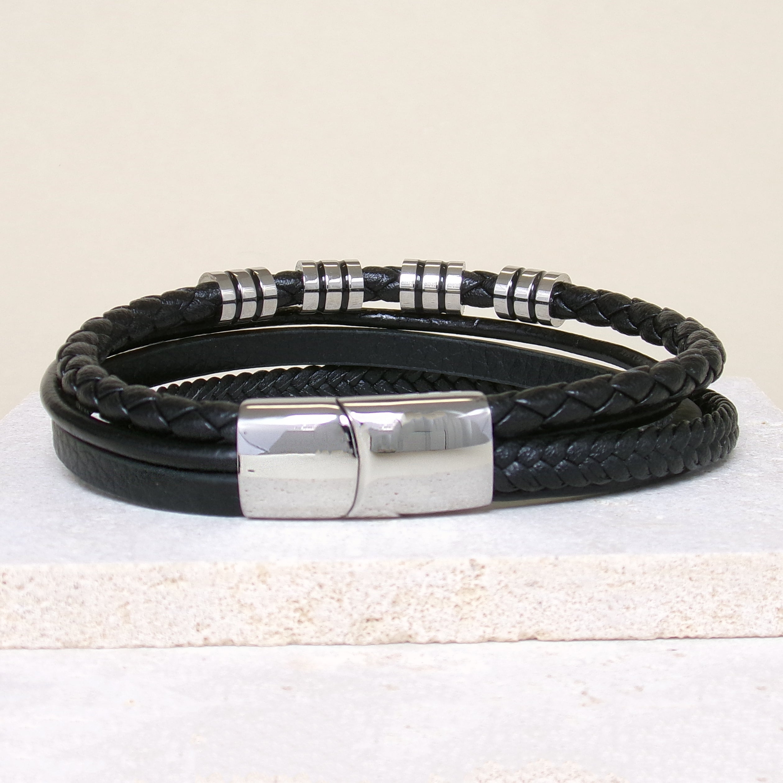 Lucas Bracelet 21cm four rows black leather and beads stainless steel