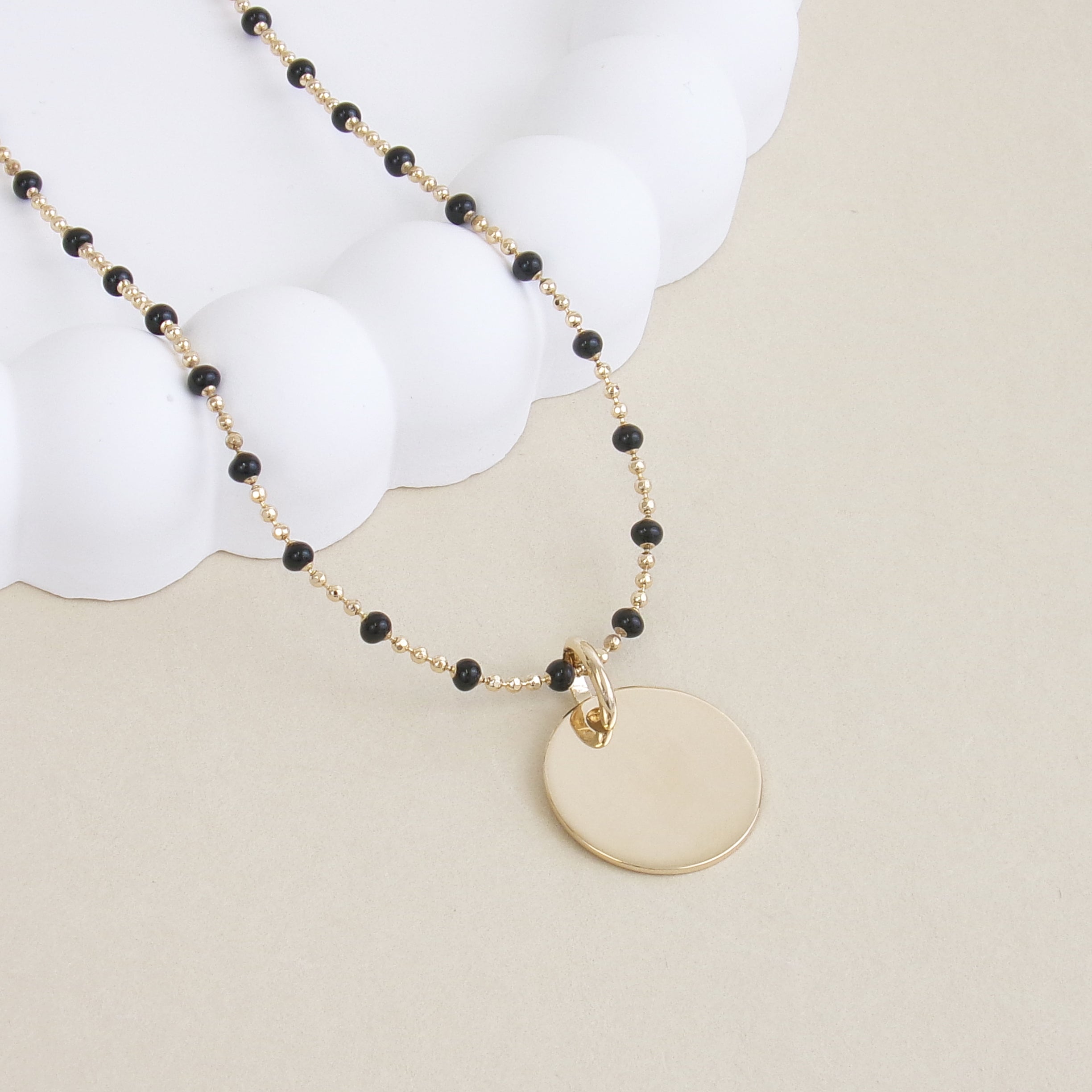 Colorful black bead necklace and 15mm gold-plated medal to engrave