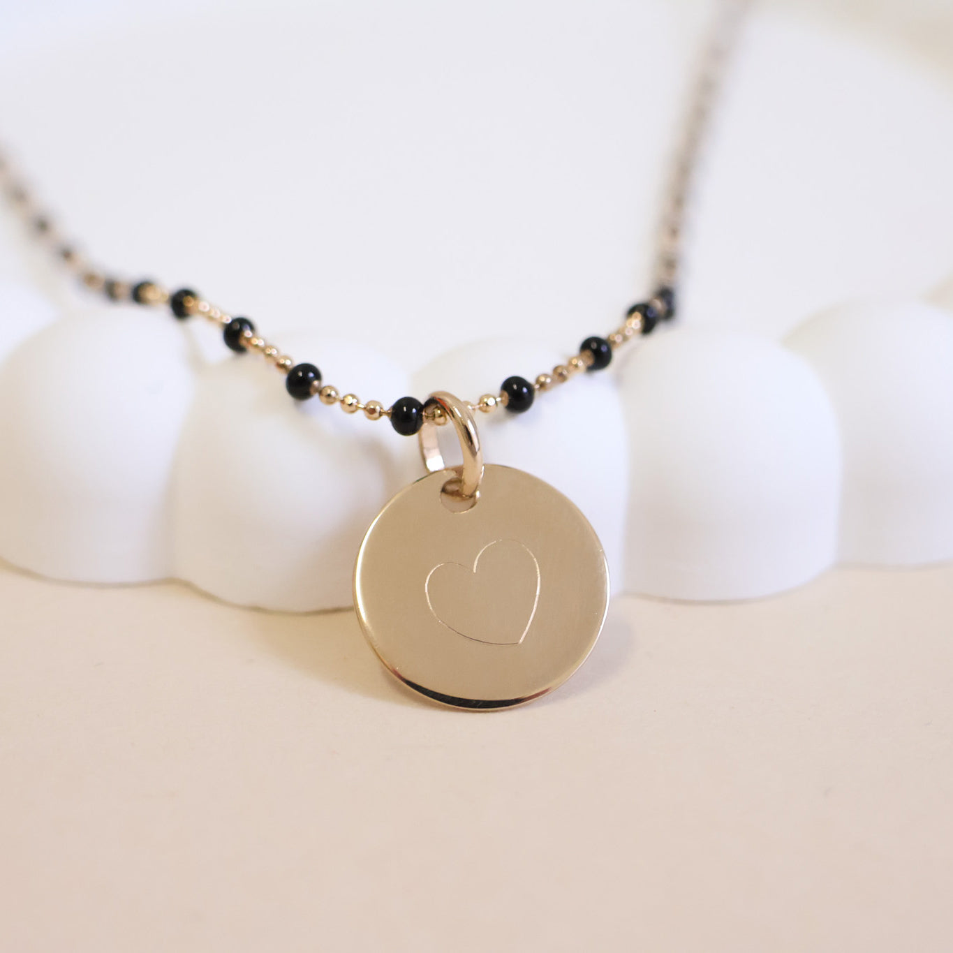 Colorful black bead necklace and 15mm gold-plated medal to engrave