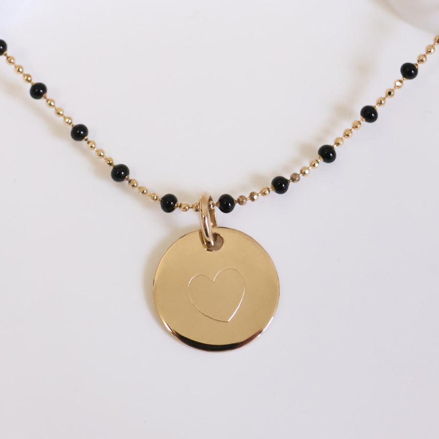 Colorful black bead necklace and 15mm gold-plated medal to engrave