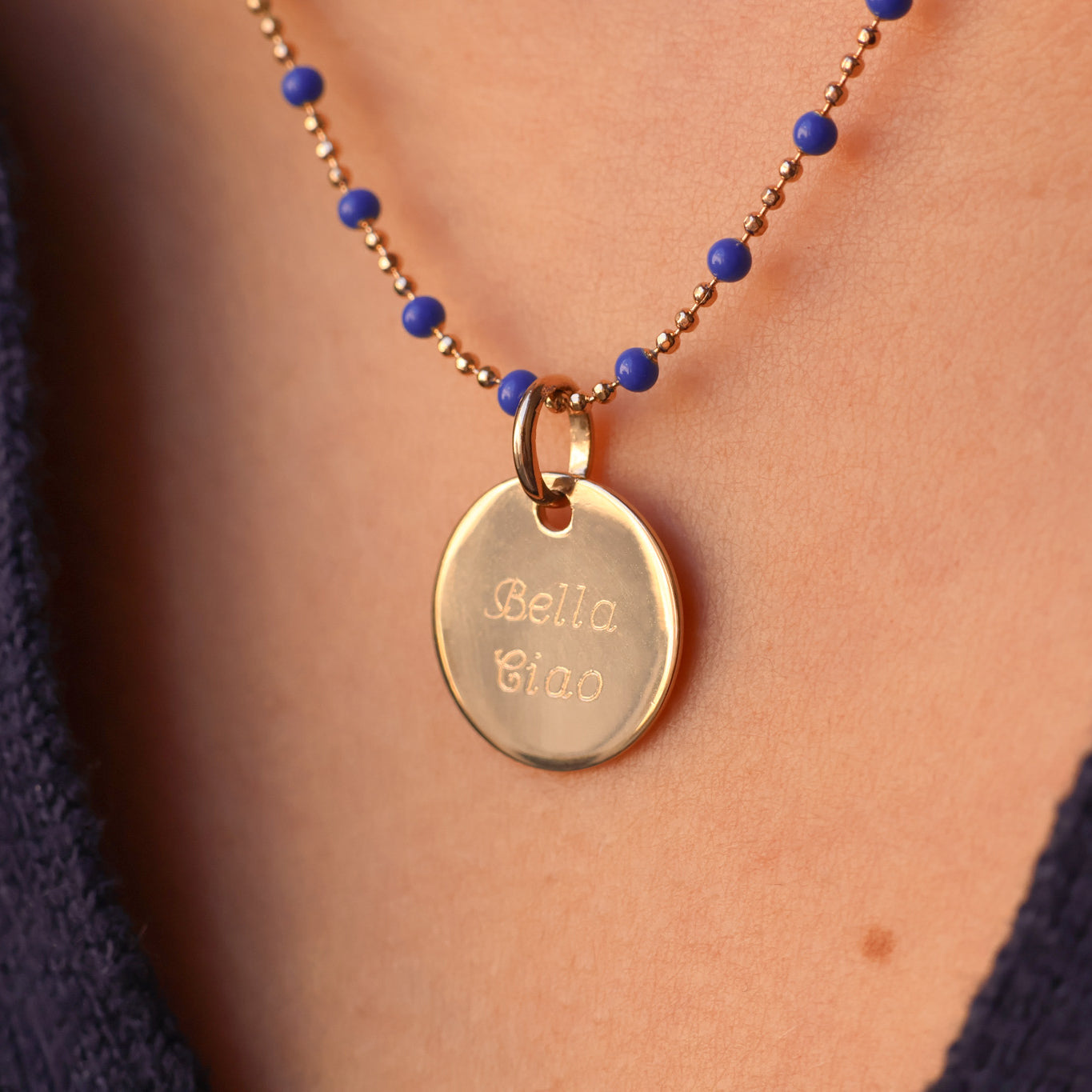 Colorful black bead necklace and 15mm gold-plated medal to engrave