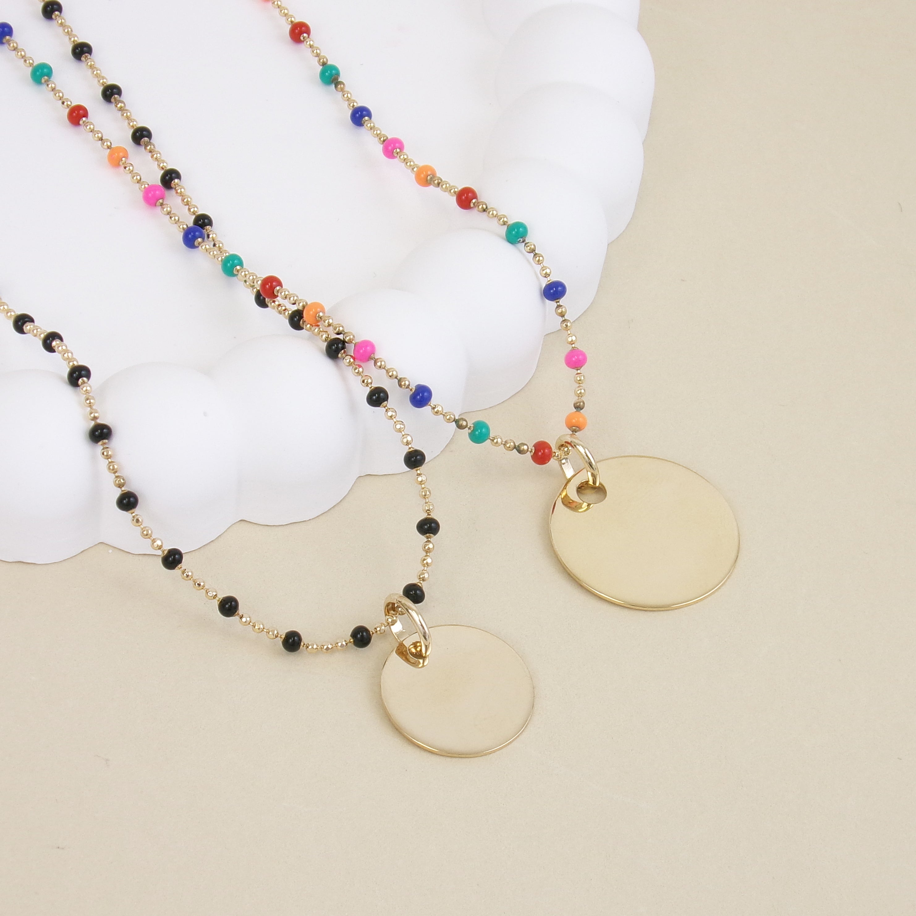 Colorful black bead necklace and 15mm gold-plated medal to engrave